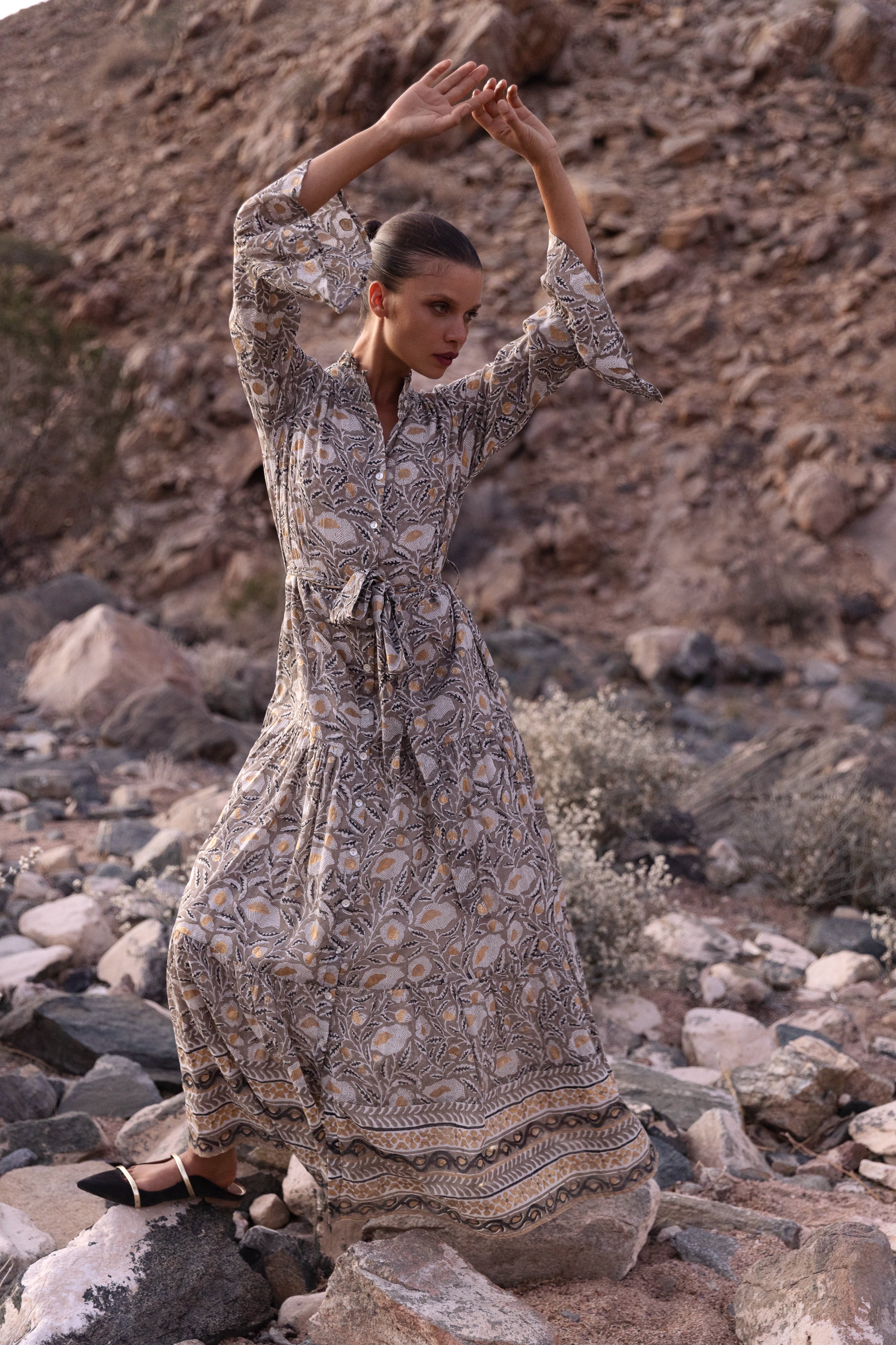 Ruffle Collar Bell Maxi- Birch Taupe