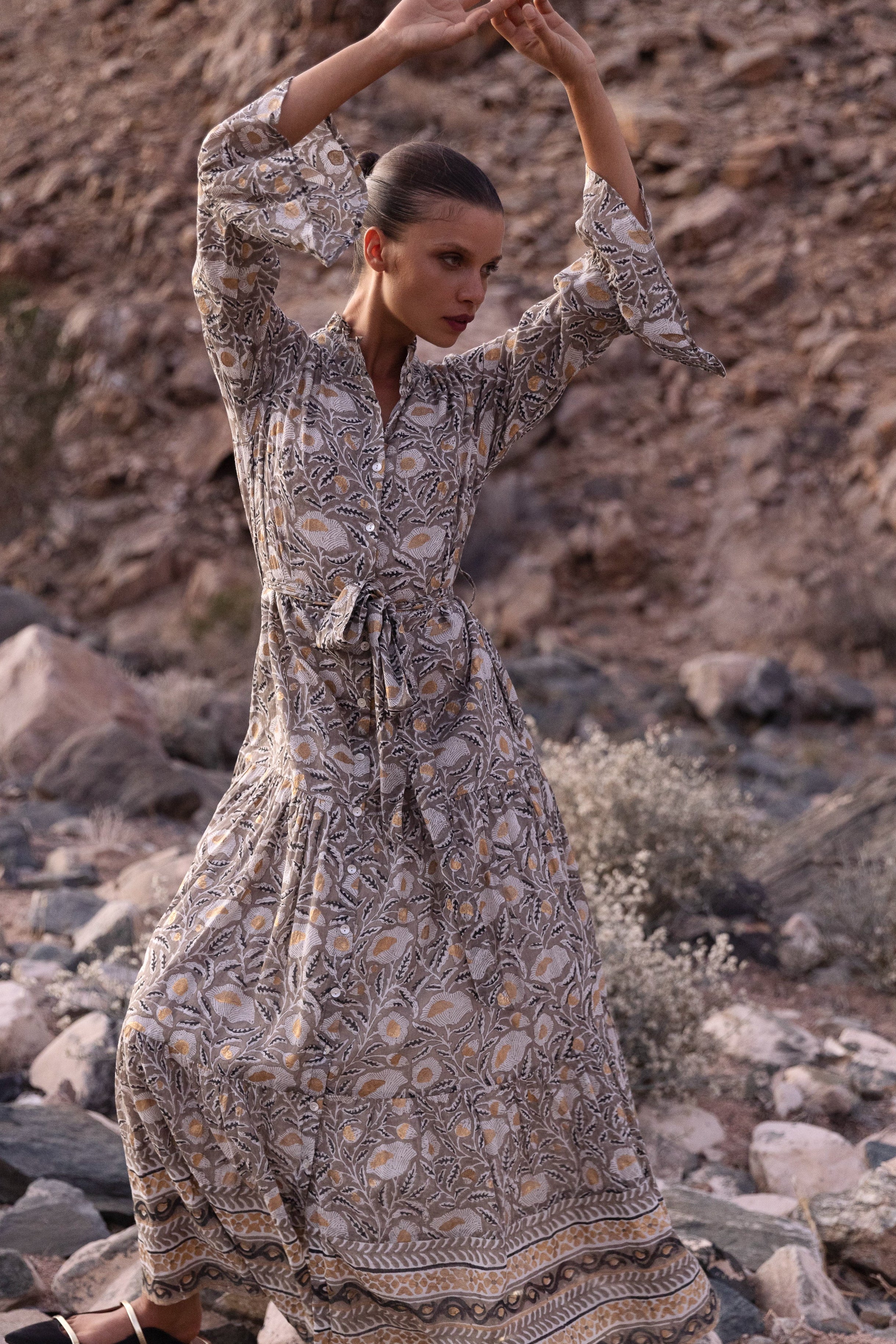 Ruffle Collar Bell Maxi- Birch Taupe