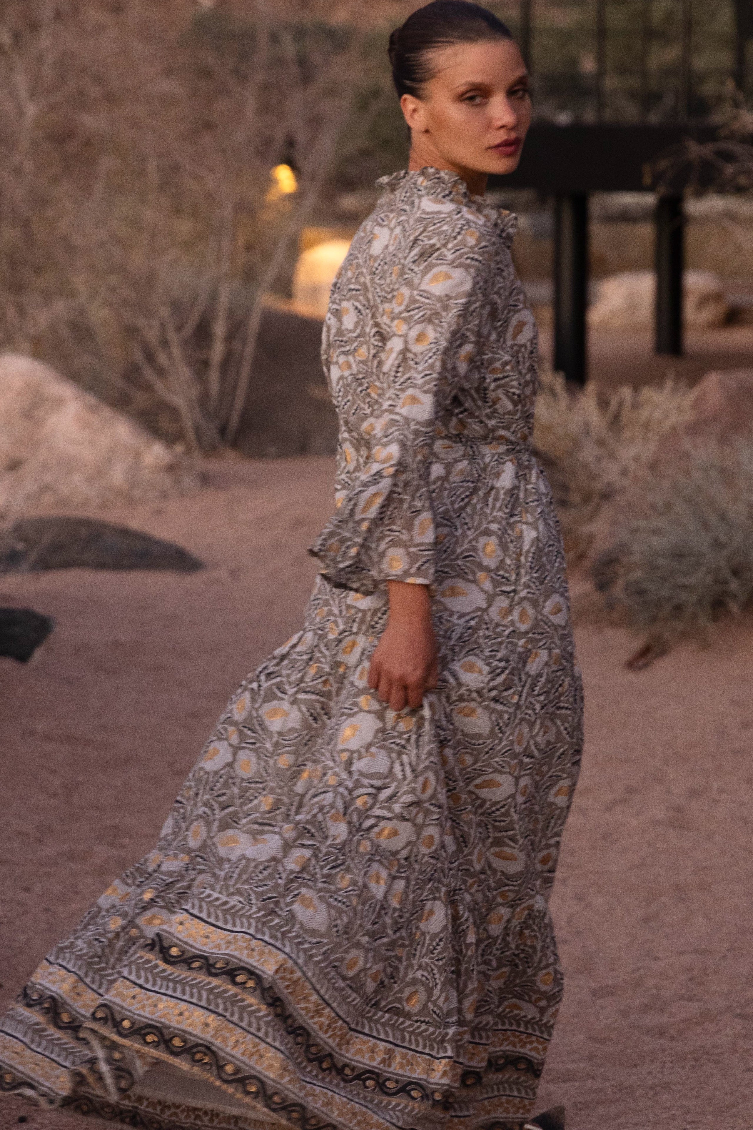 Ruffle Collar Bell Maxi- Birch Taupe