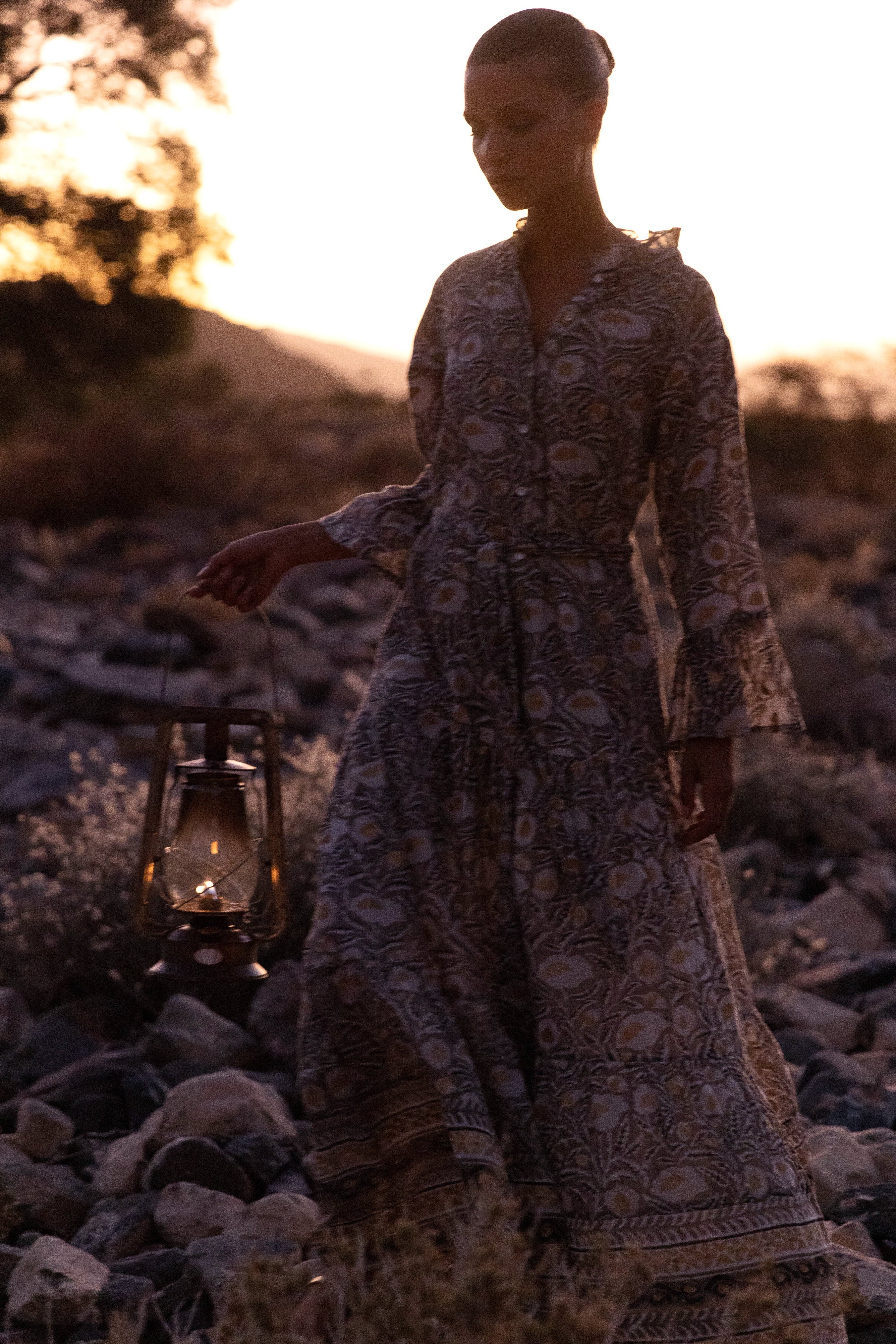 Ruffle Collar Bell Maxi- Birch Taupe