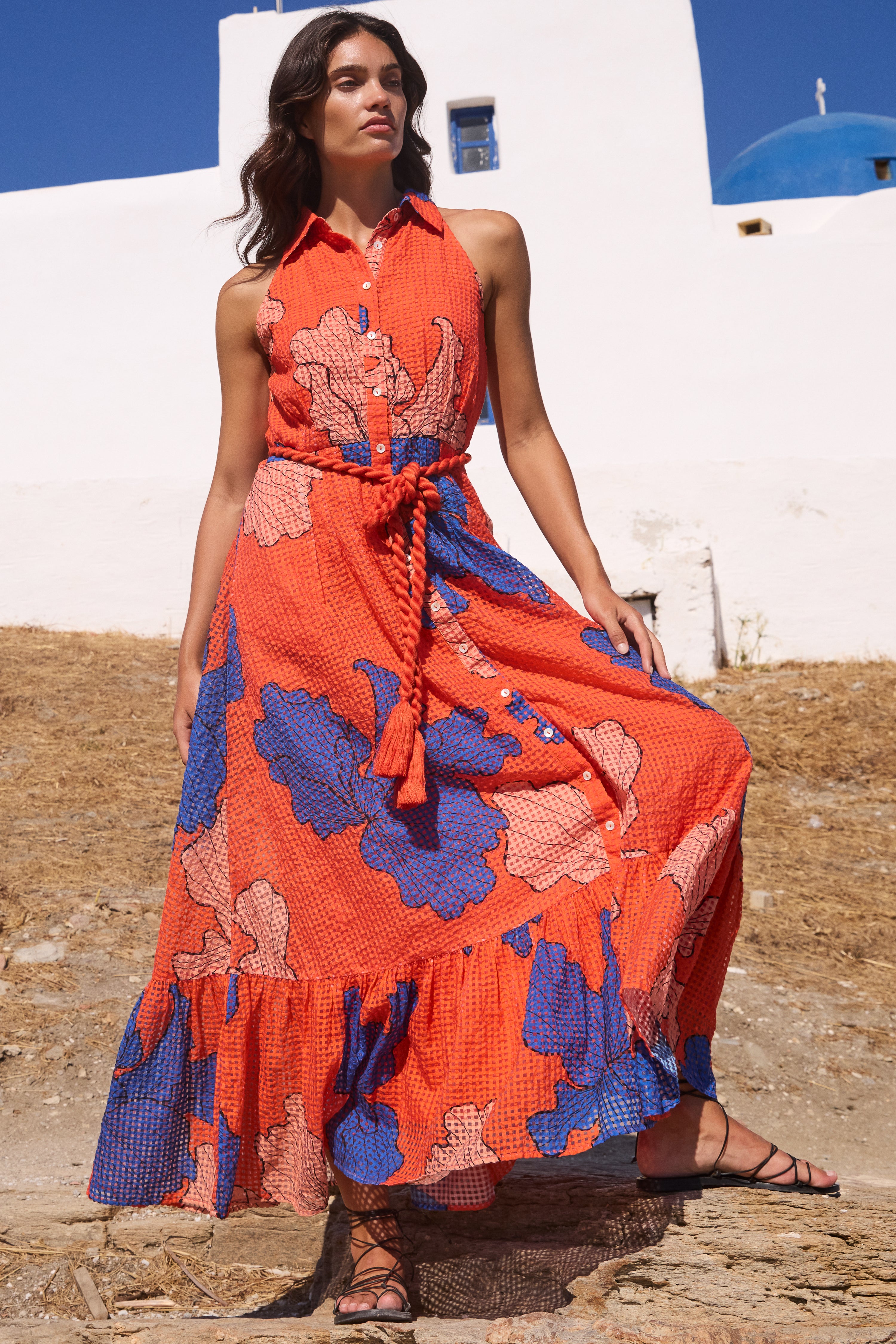 Sleeveless Shirt Dress Maxi- Bora Bora Red