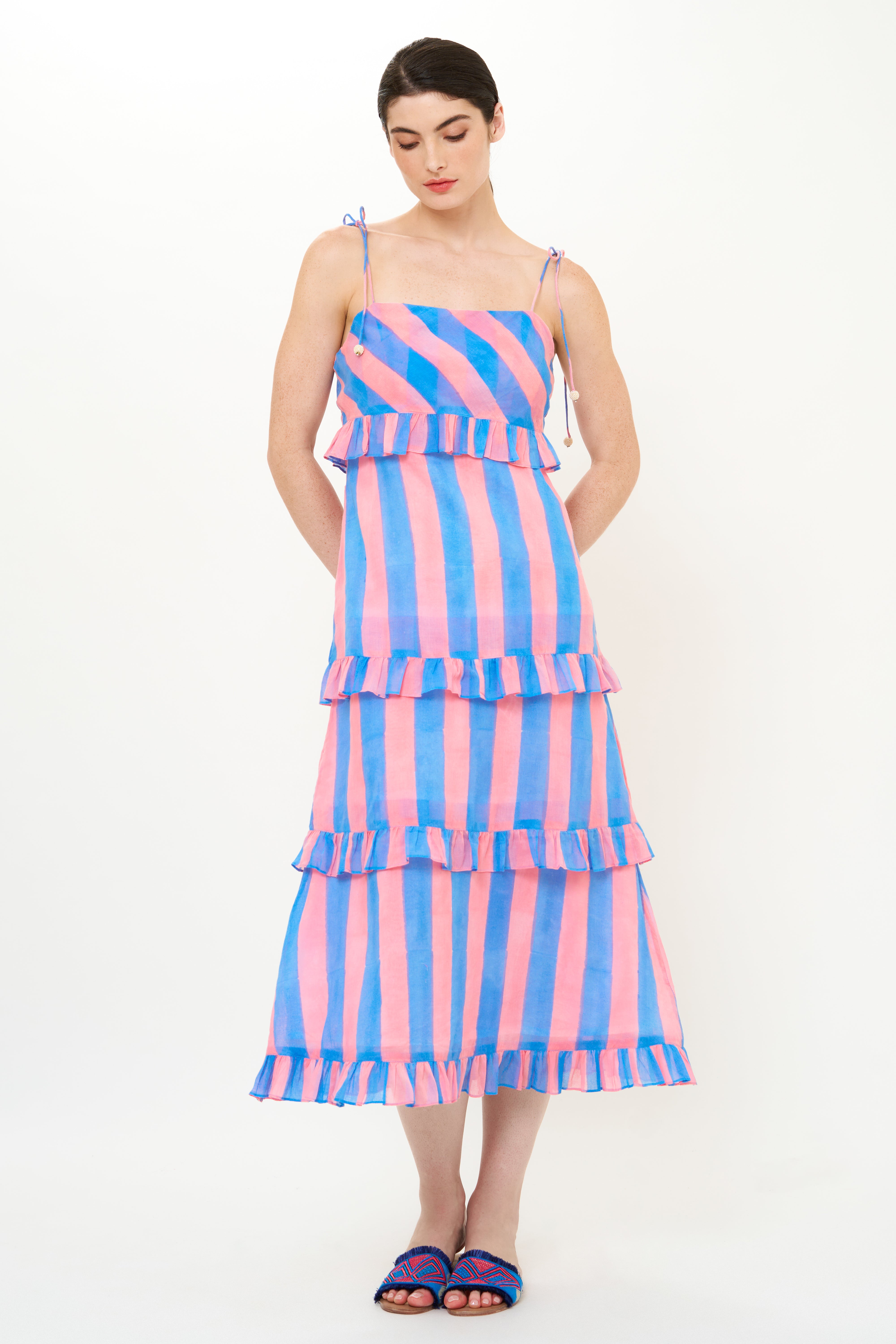 Tie Strap Ruffle Midi- Cabana Pink