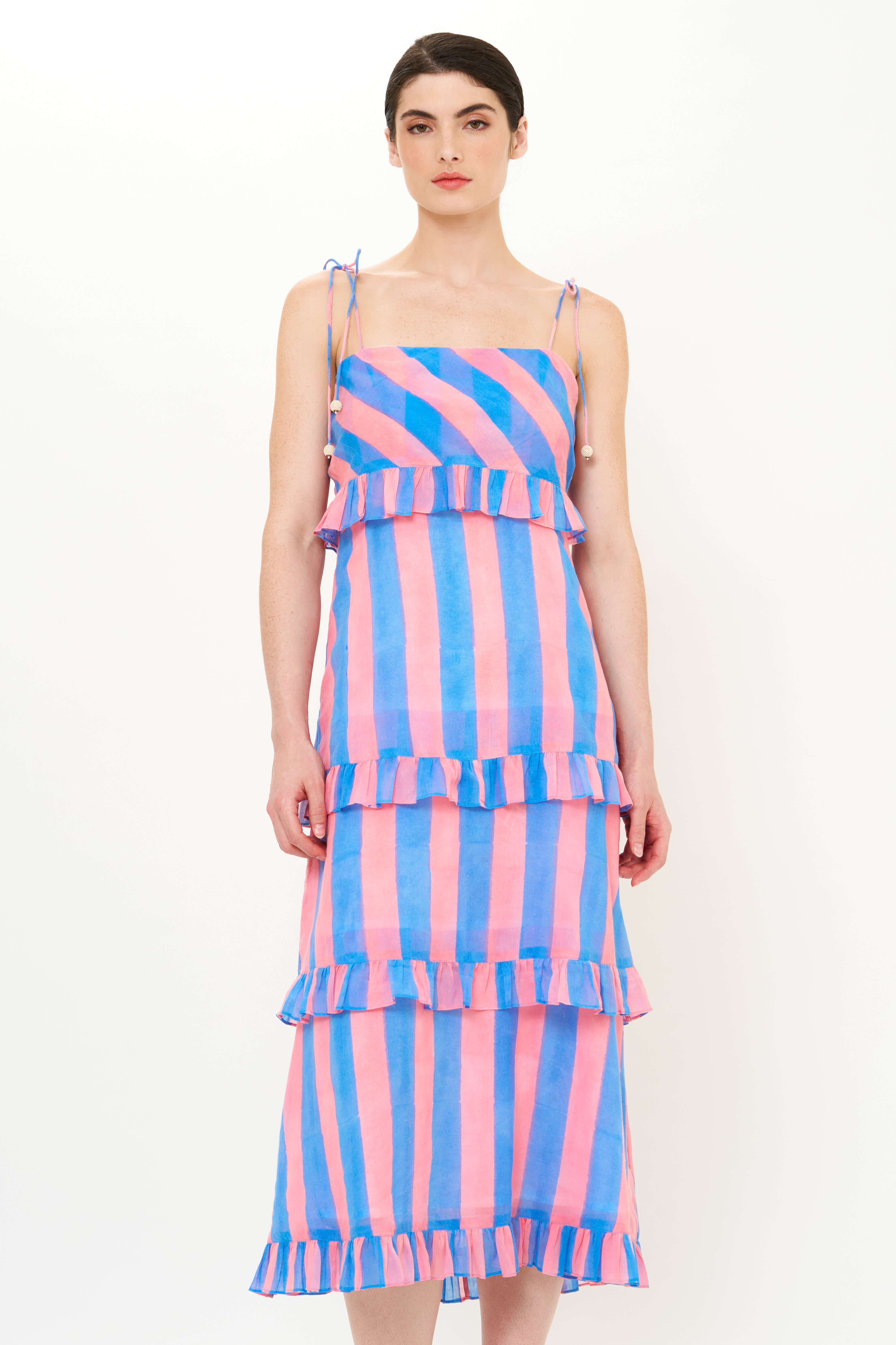 Tie Strap Ruffle Midi- Cabana Pink