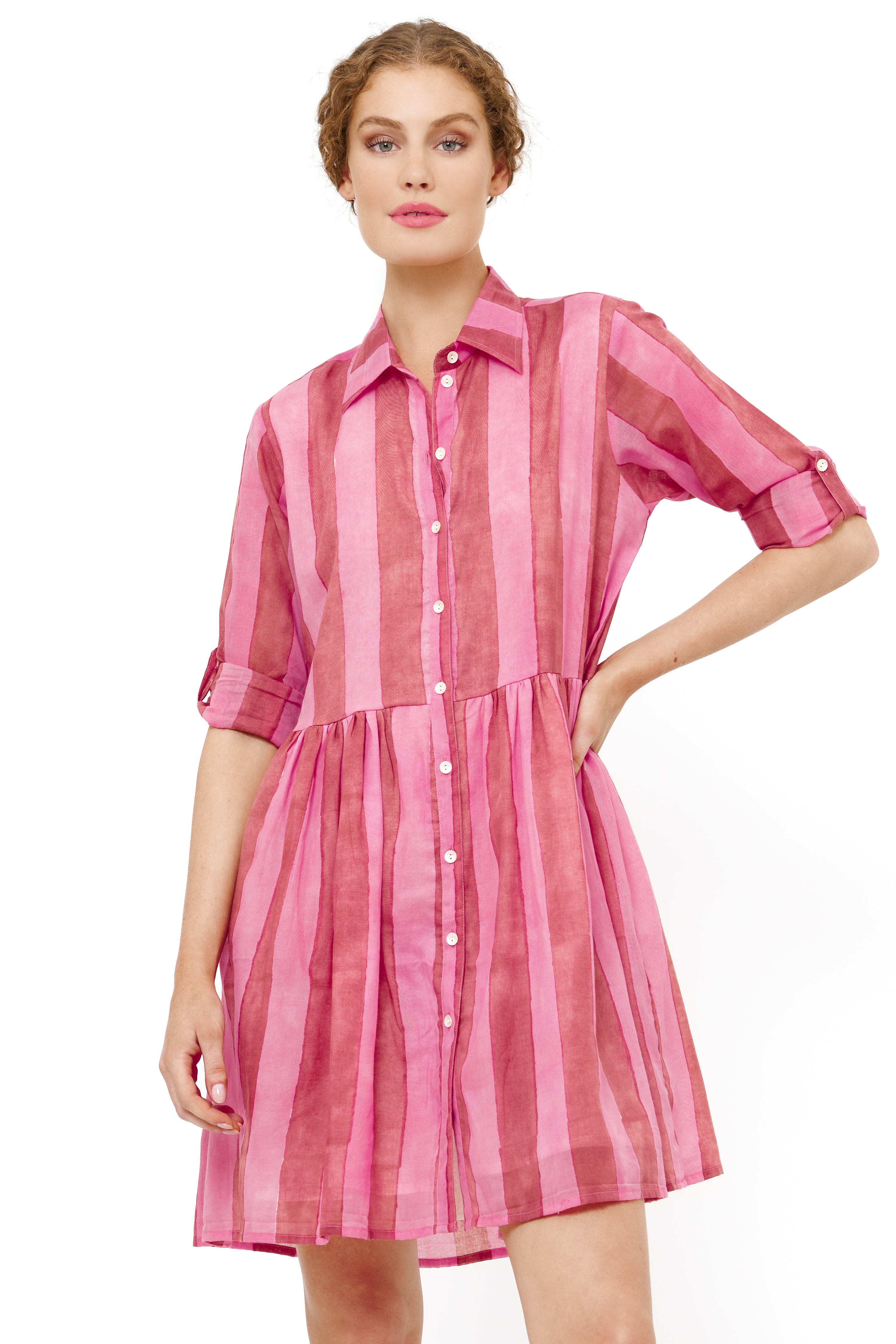 Long Sleeve Shirt Dress Mini- Cabana Rhubarb