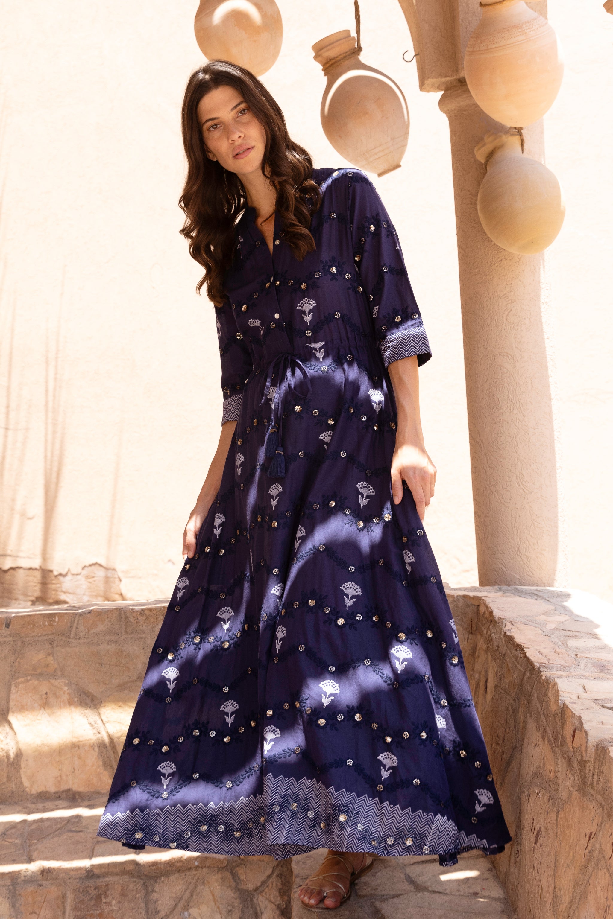 Cinched Shirt Dress Maxi- Camden Navy-medium