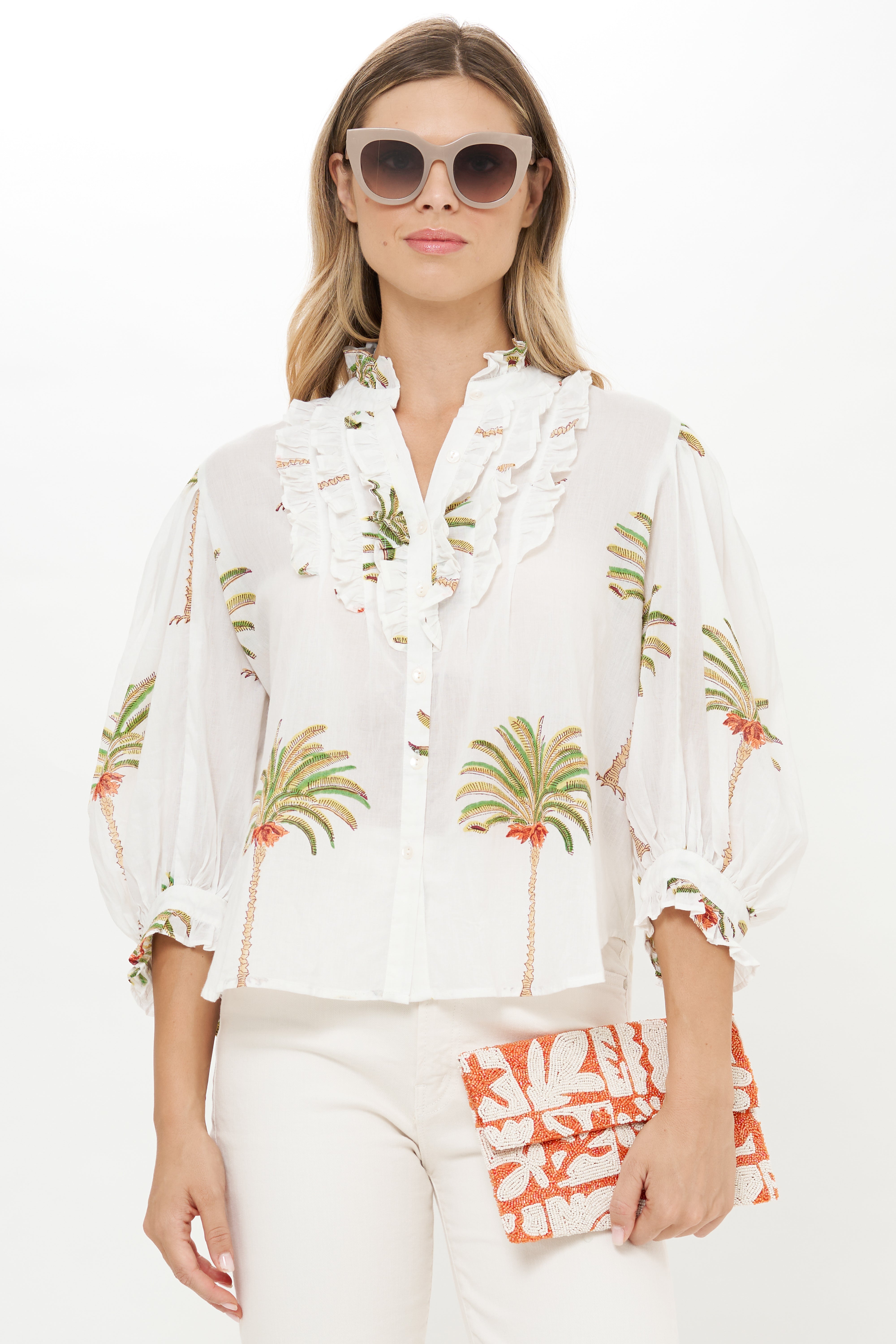 Ruffle Front Button Blouse- Canary Green