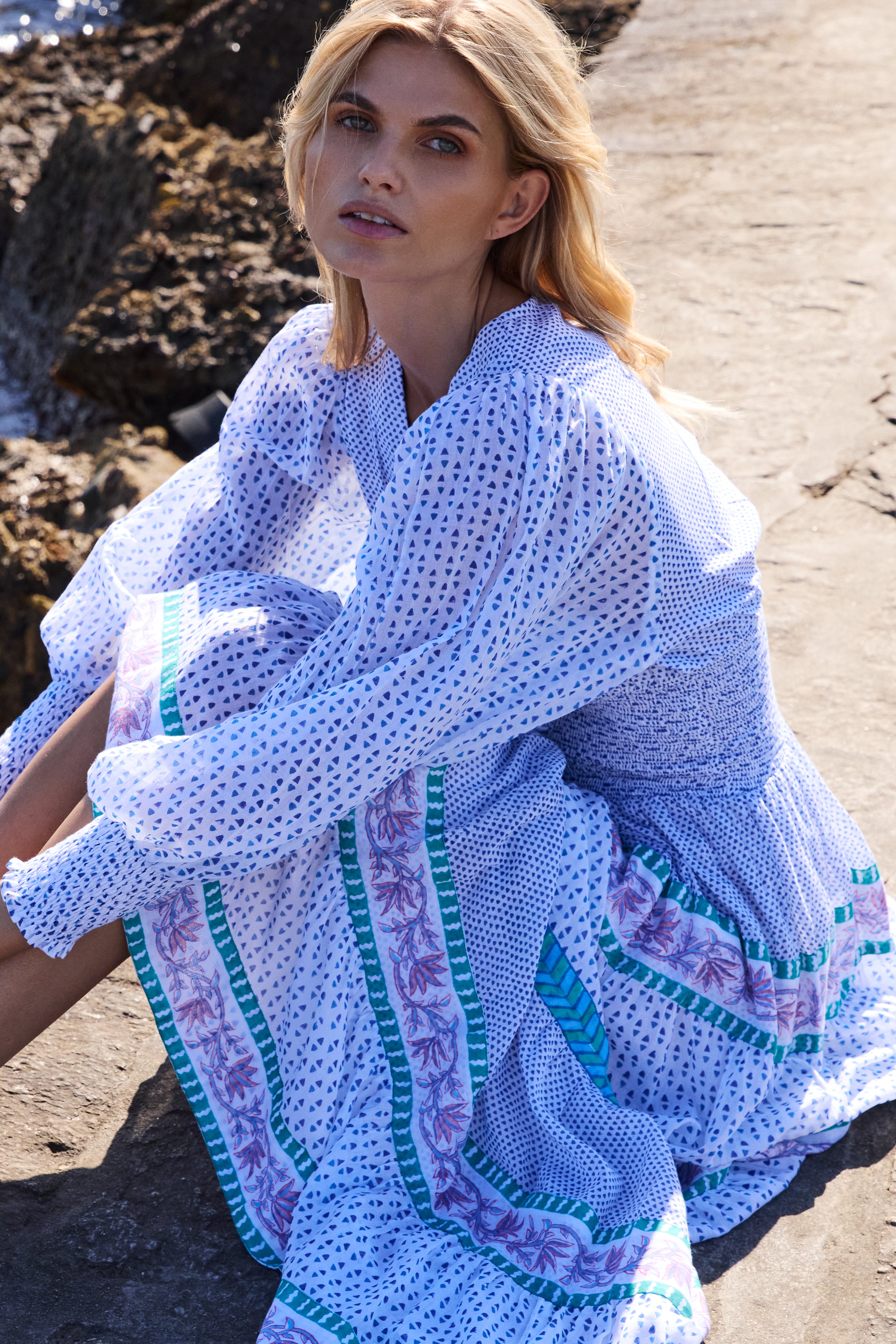 V-Neck Smocked Waist Midi- Capri Blue