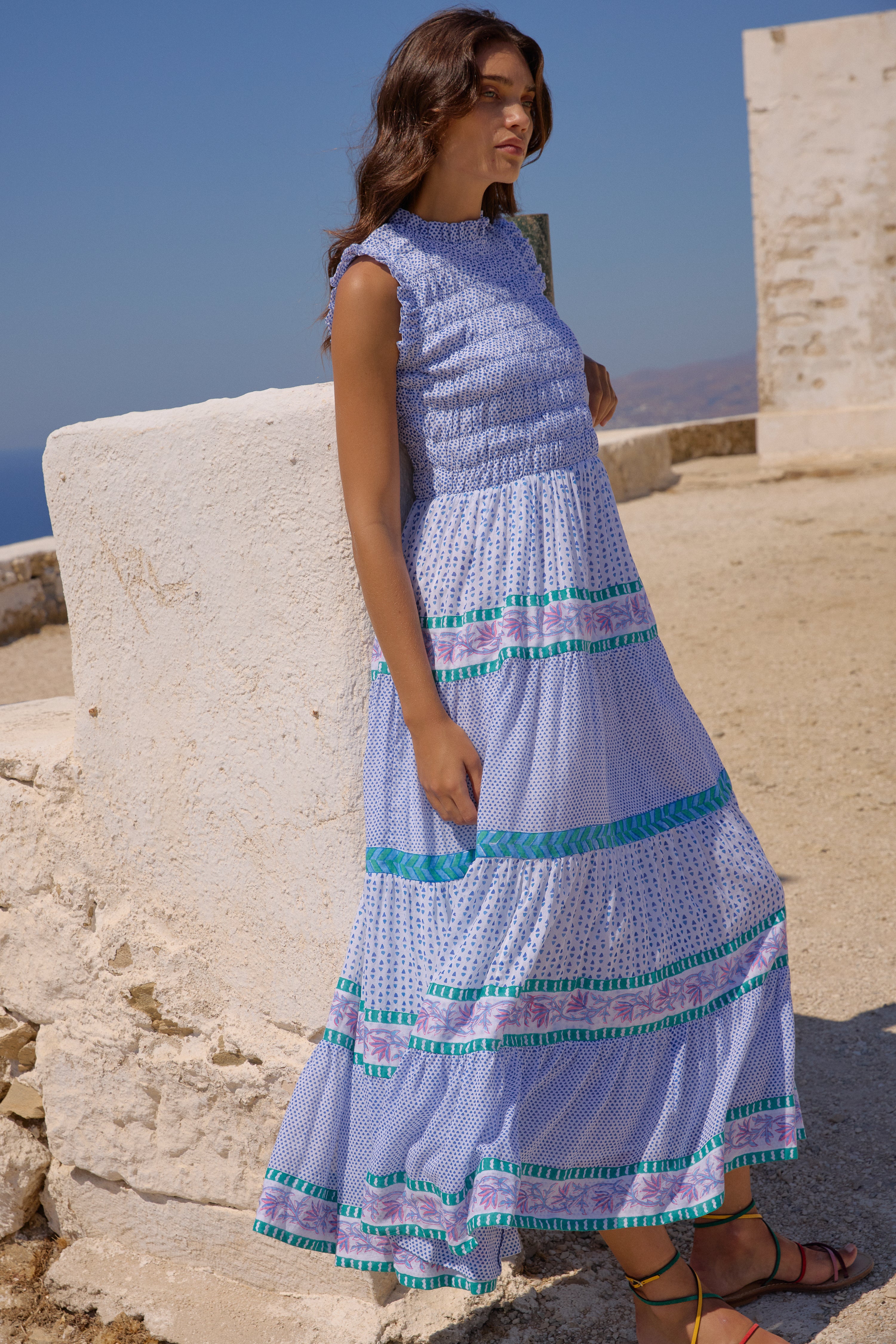 Sleeveless Smocked Maxi- Capri Blue