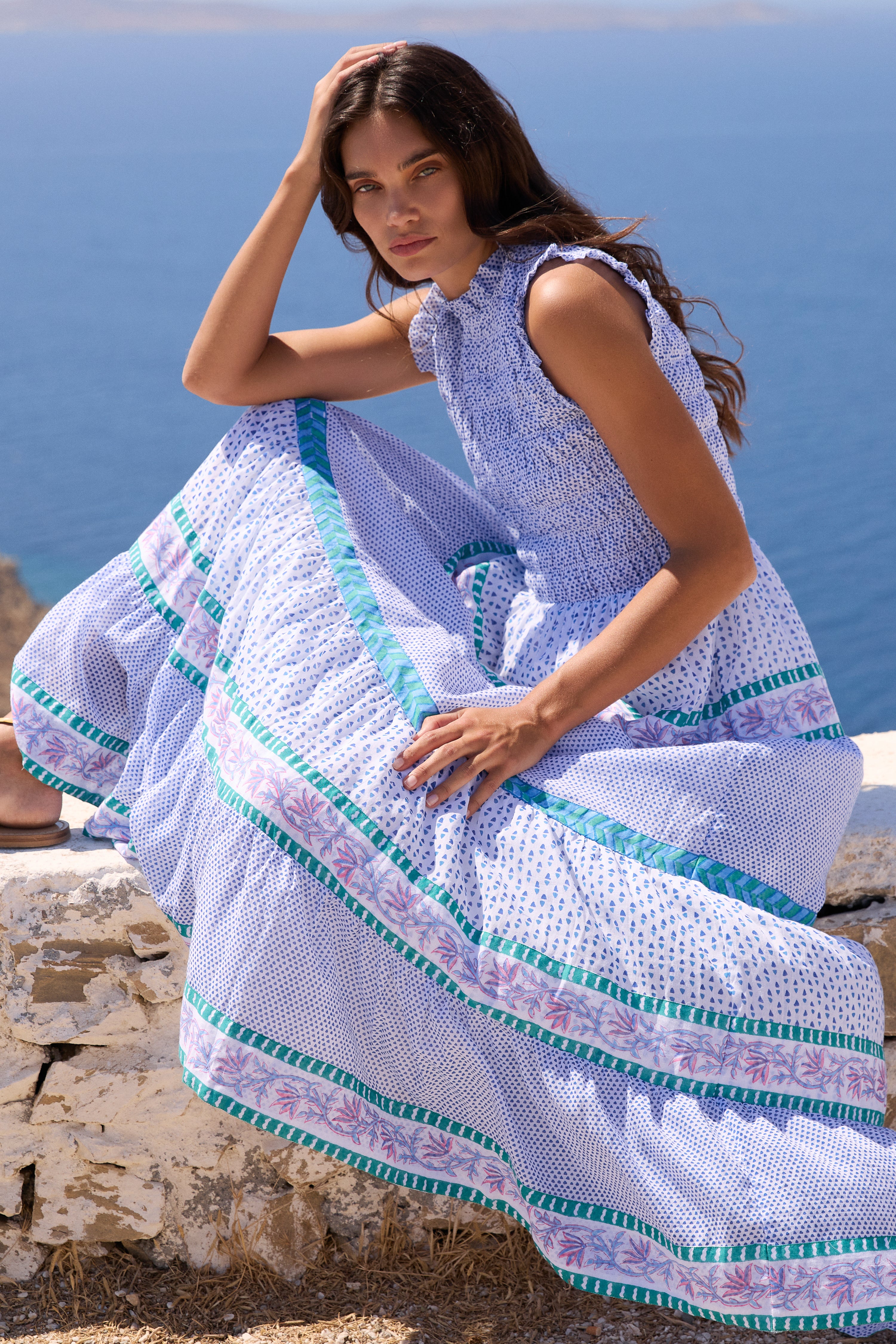 Sleeveless Smocked Maxi- Capri Blue