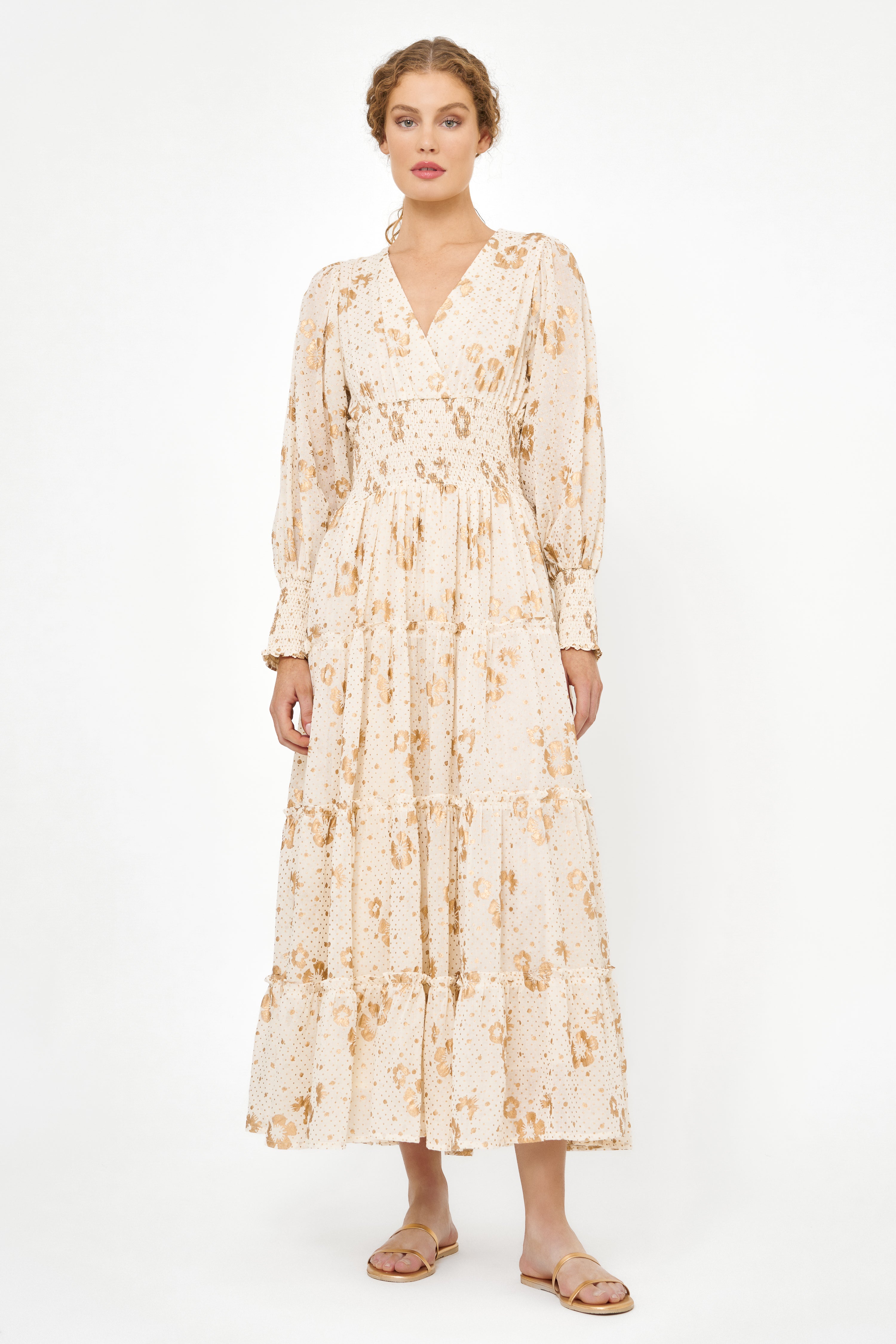 V-Neck Smocked Waist Midi- Carlin Cream Gold