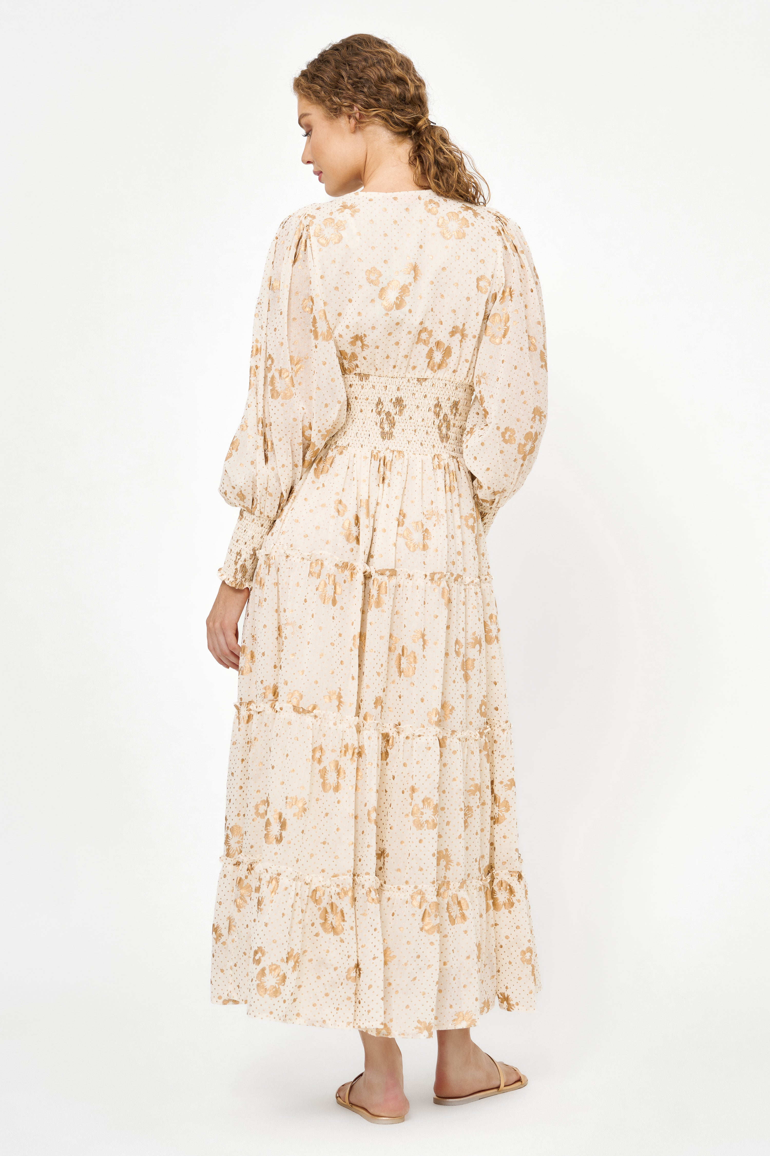 V-Neck Smocked Waist Midi- Carlin Cream Gold