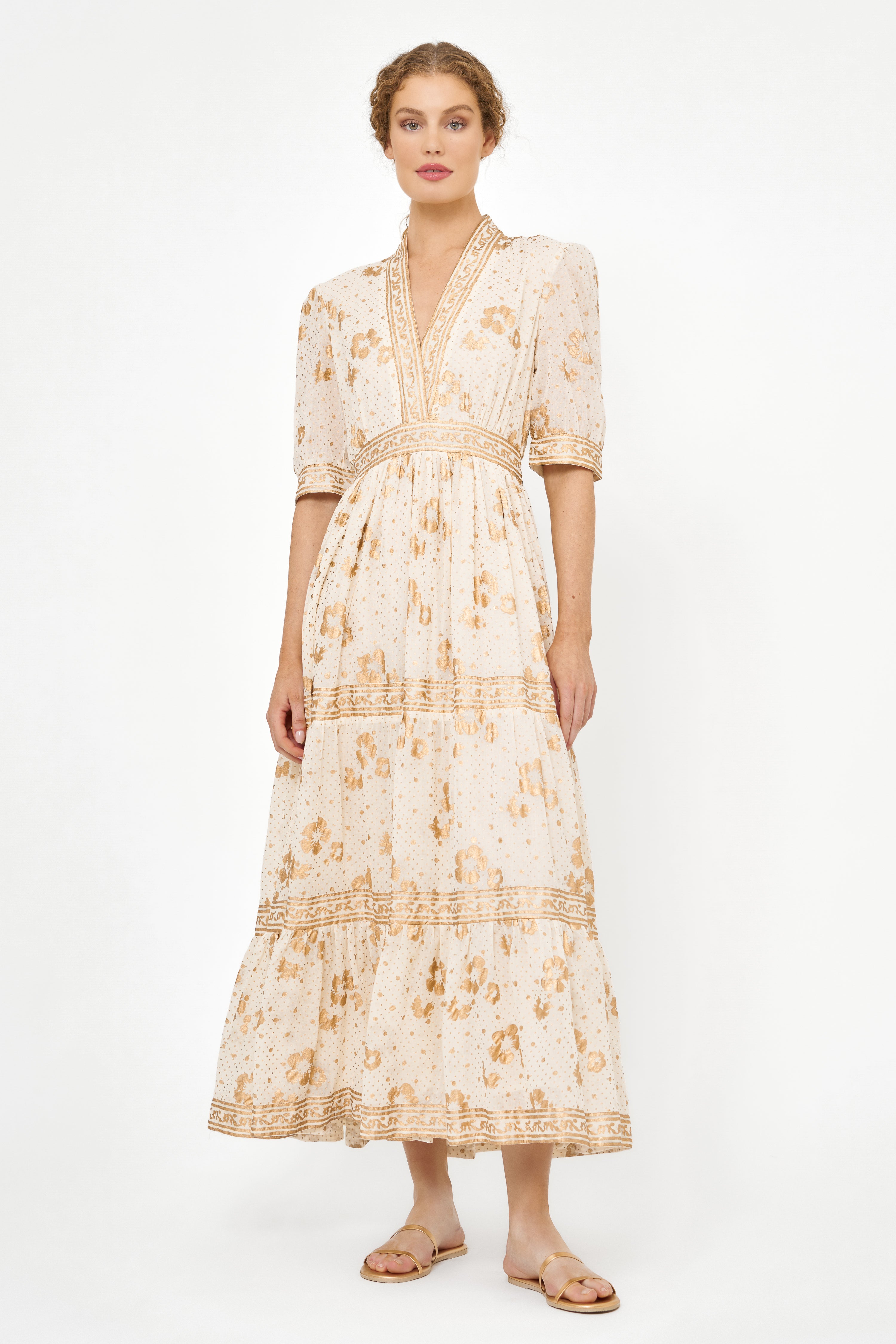 V-Neck Cuffed Maxi- Carlin Cream Gold