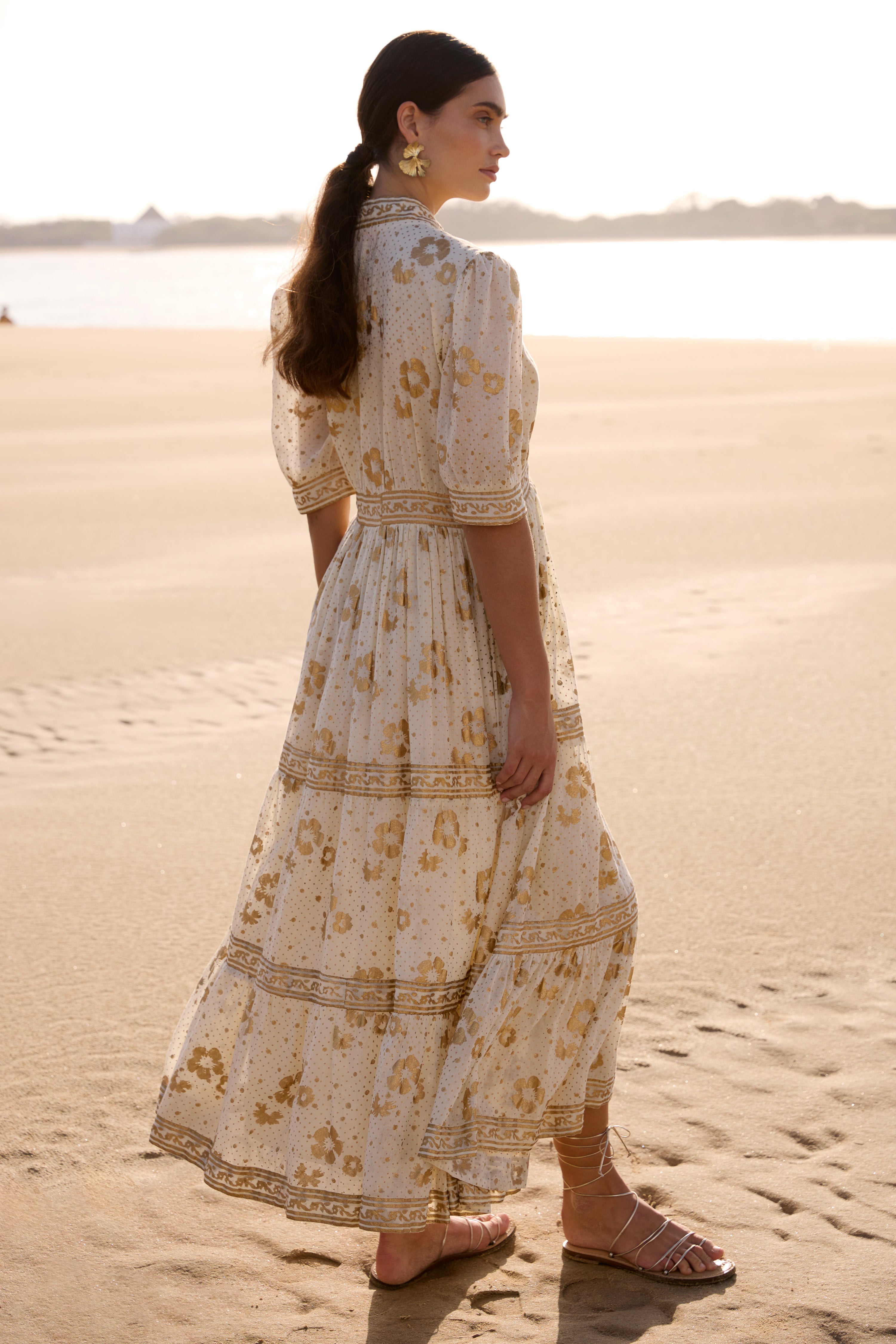 V-Neck Cuffed Maxi- Carlin Cream Gold