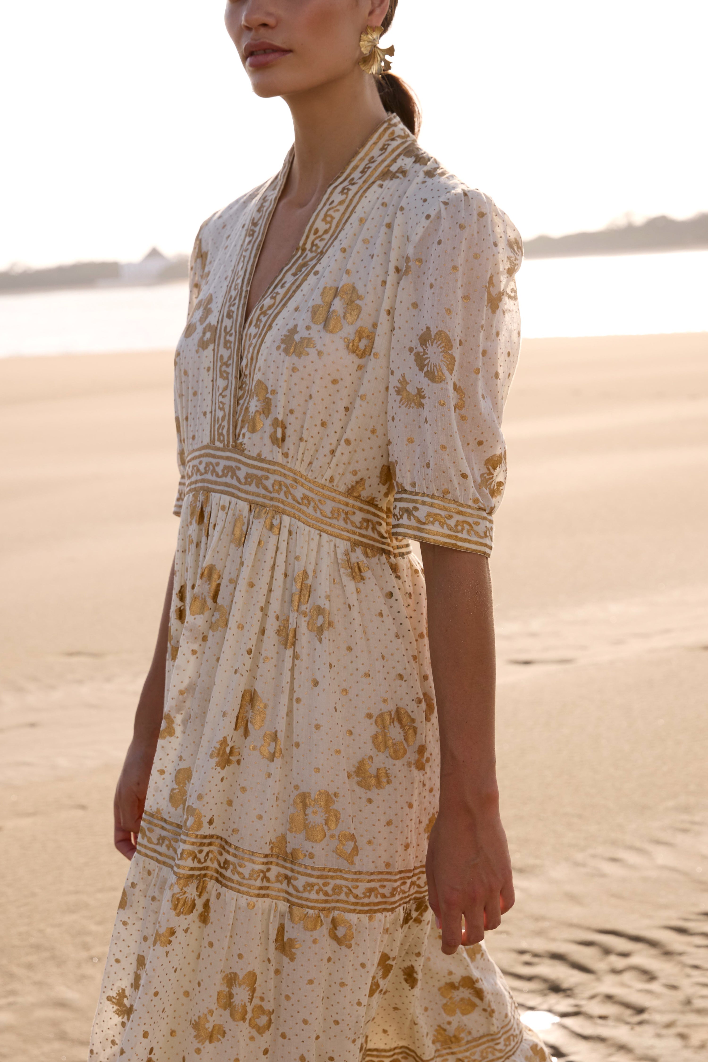 V-Neck Cuffed Maxi- Carlin Cream Gold