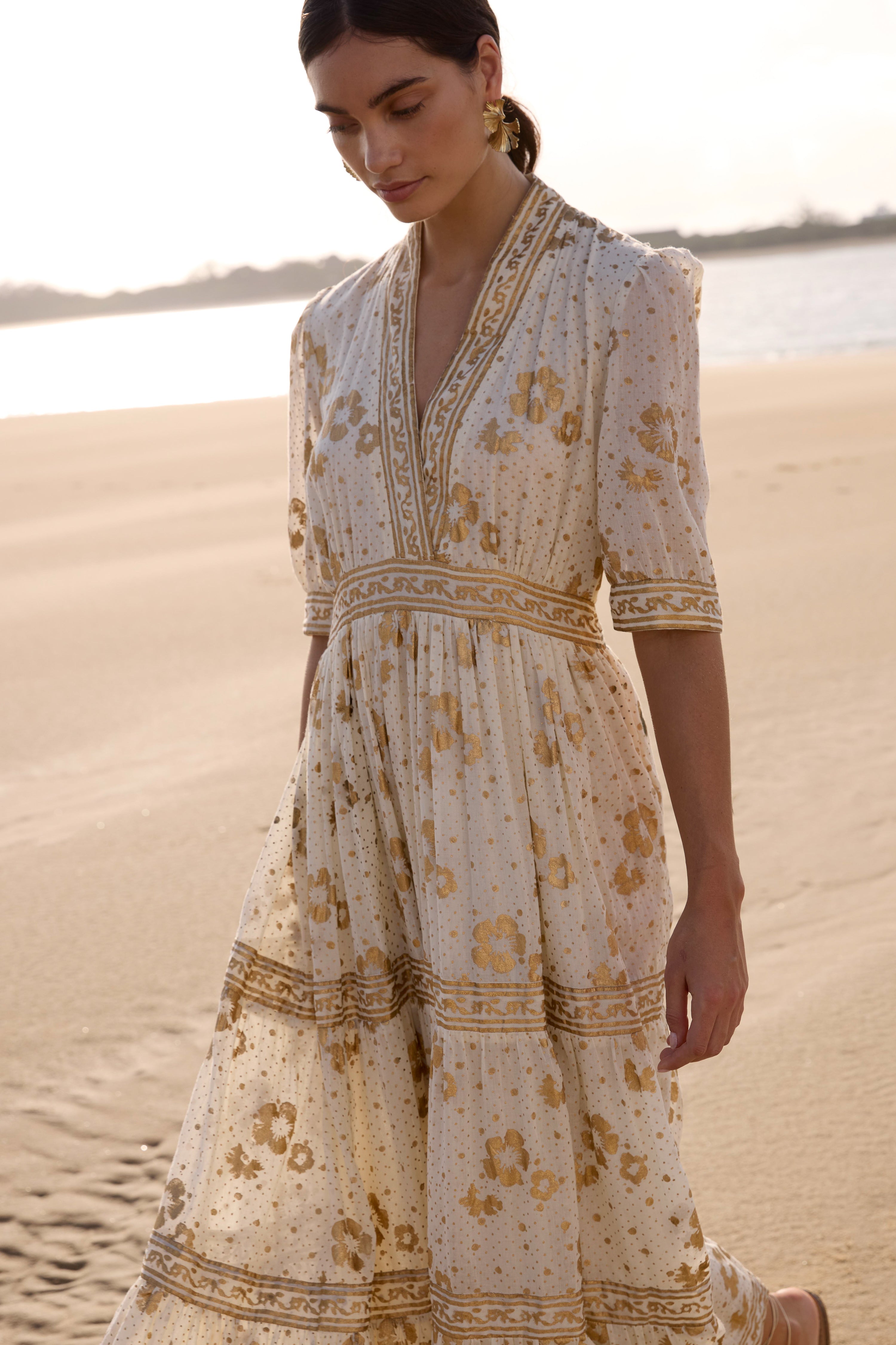 V-Neck Cuffed Maxi- Carlin Cream Gold