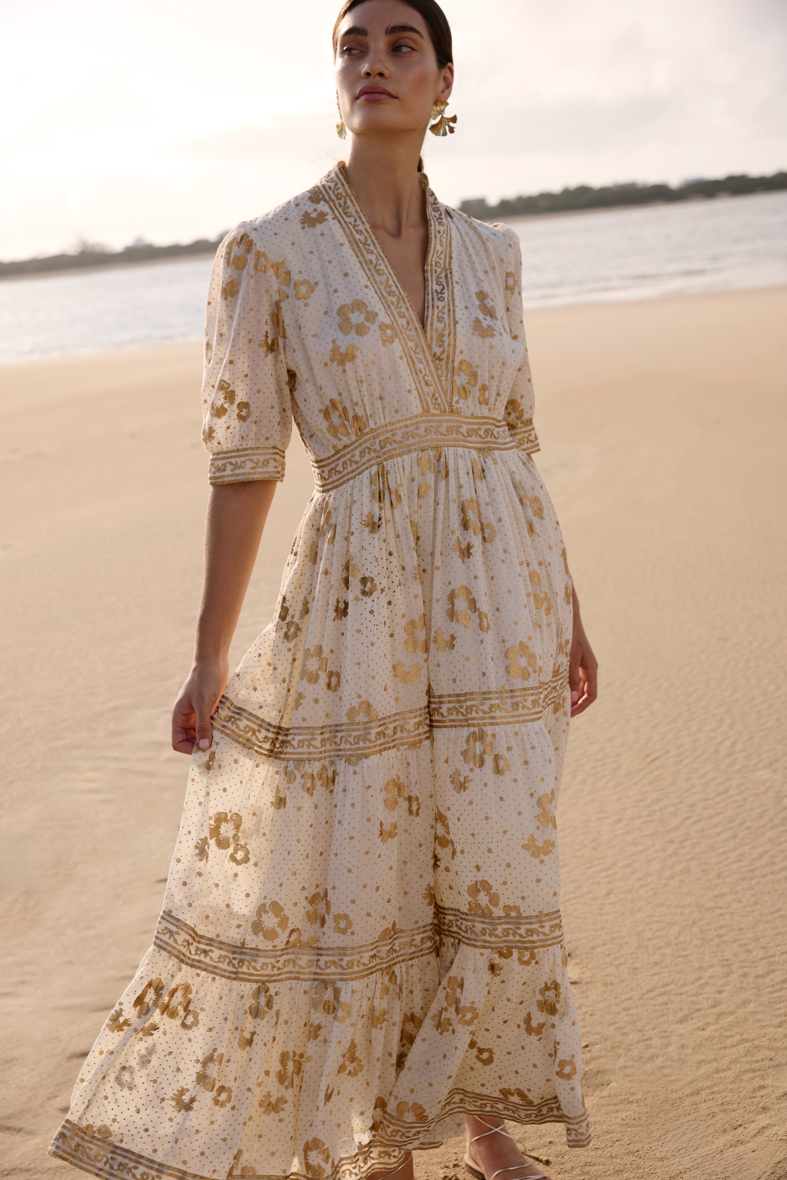 V-Neck Cuffed Maxi- Carlin Cream Gold