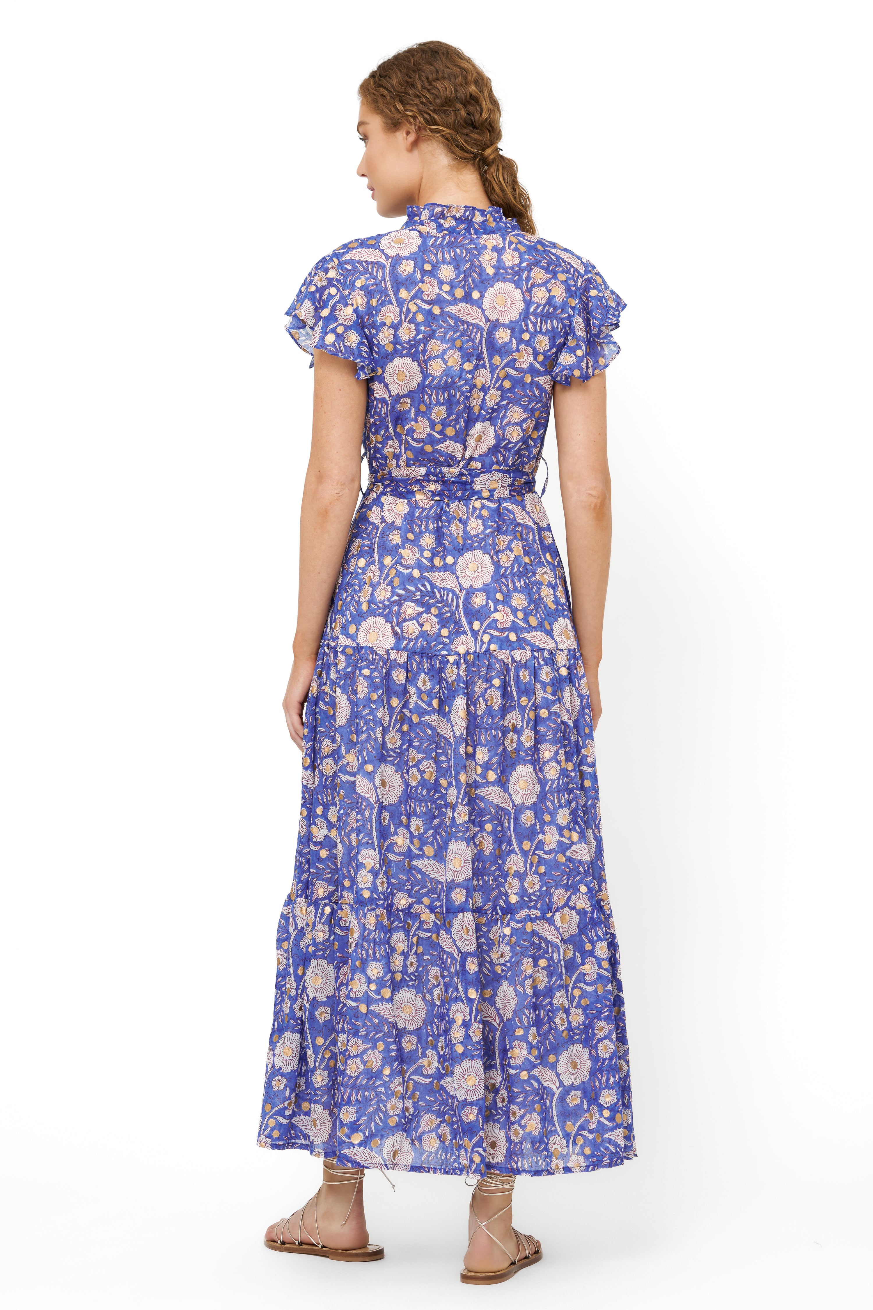 Ruffle Collar Button Maxi- Carolina Cobalt