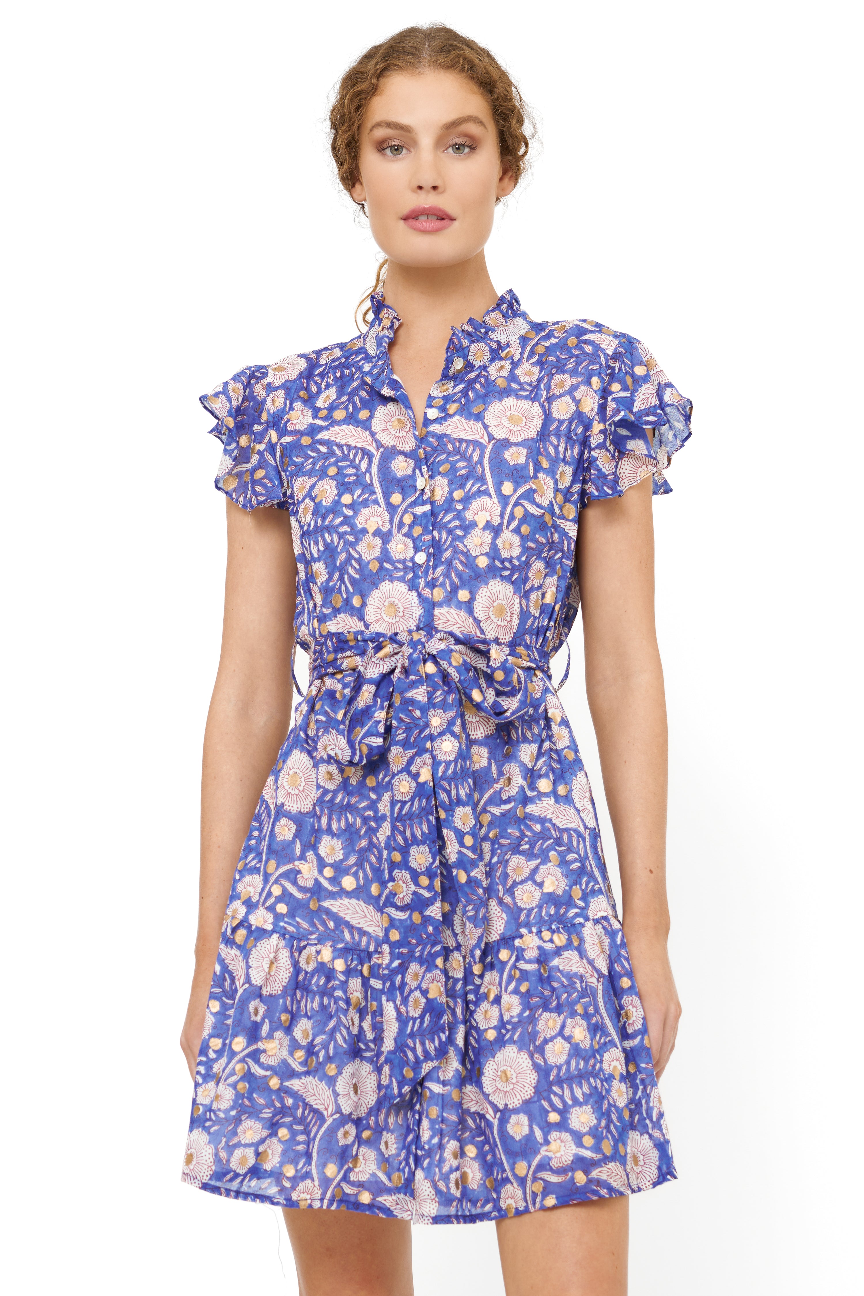 Ruffle Collar Button Mini- Carolina Cobalt