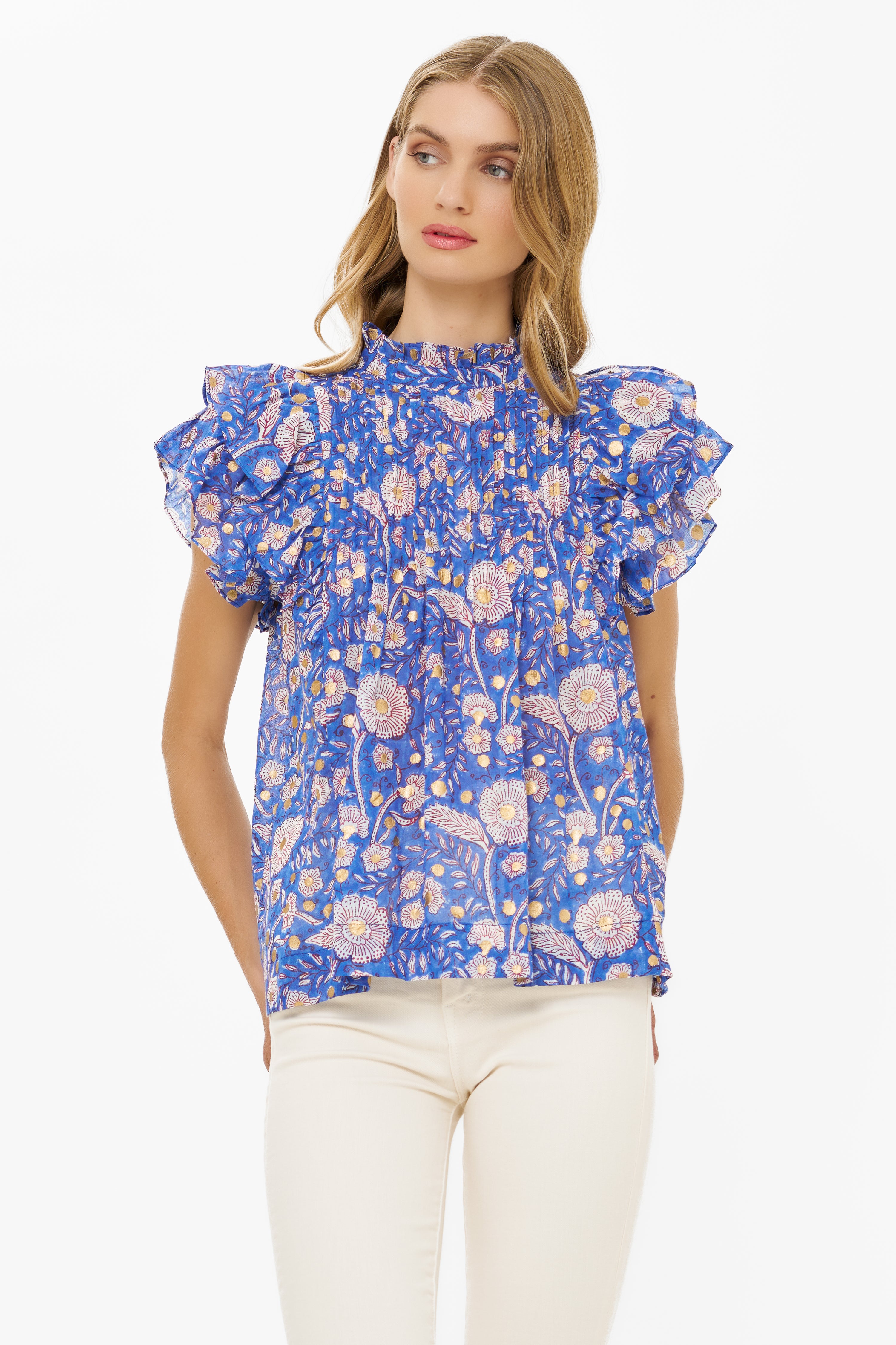 Pintuck Ruffle Top- Carolina Cobalt