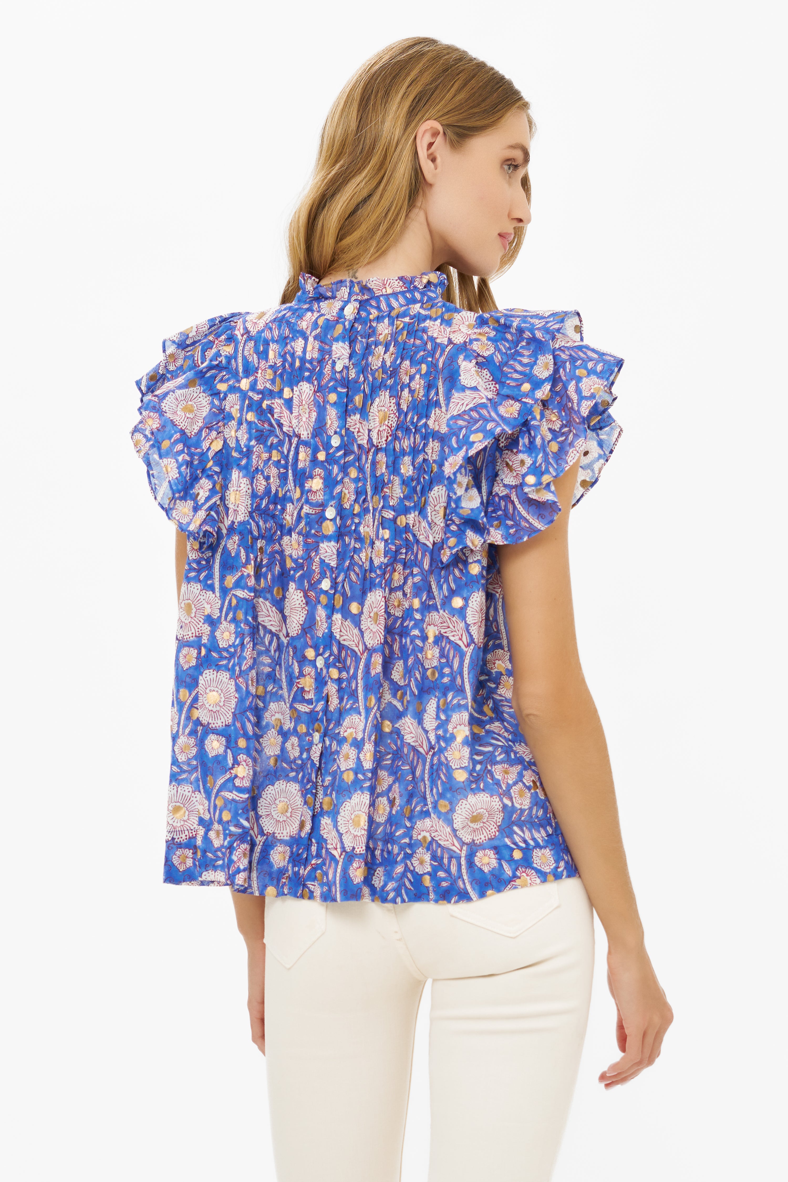 Pintuck Ruffle Top- Carolina Cobalt
