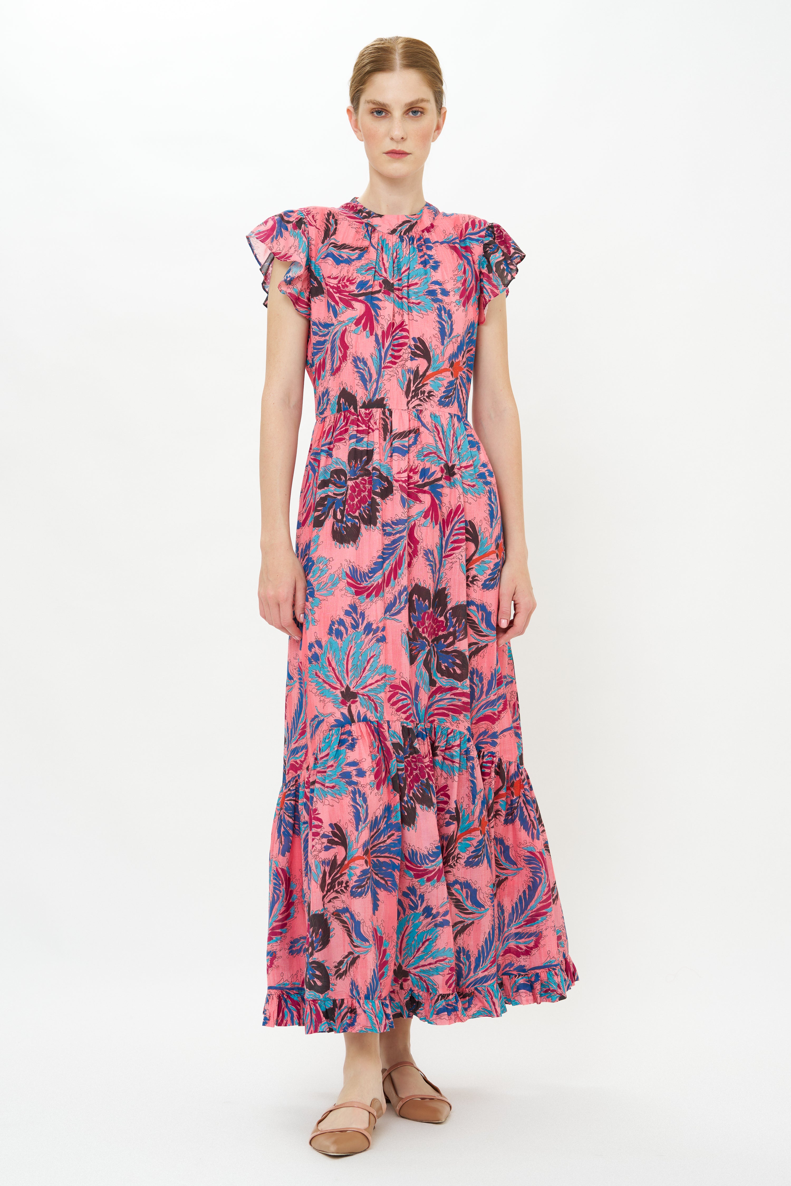 Mock Neck Flutter Maxi- Chennai Rose