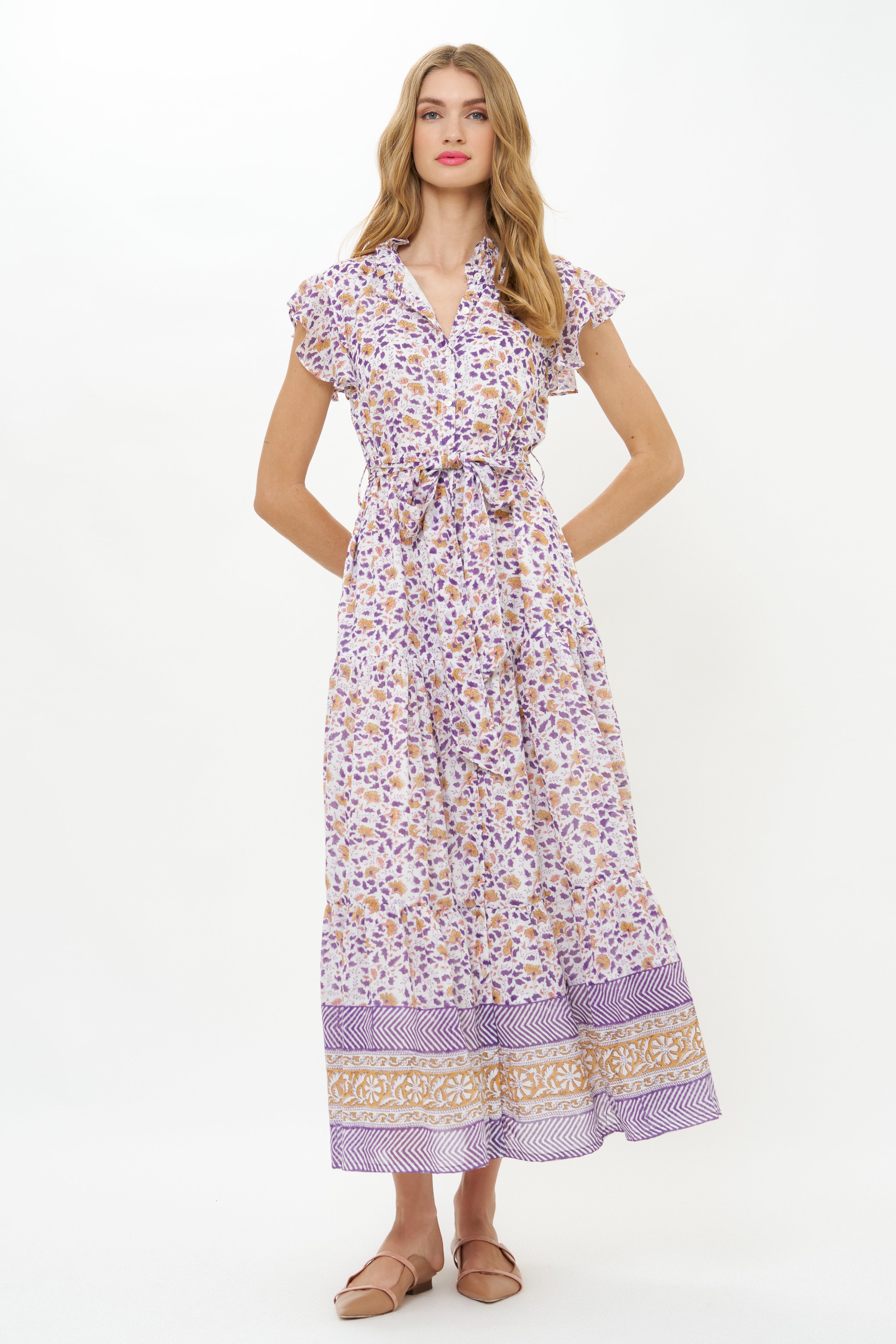 Ruffle Collar Button Maxi- Cotswold Navy