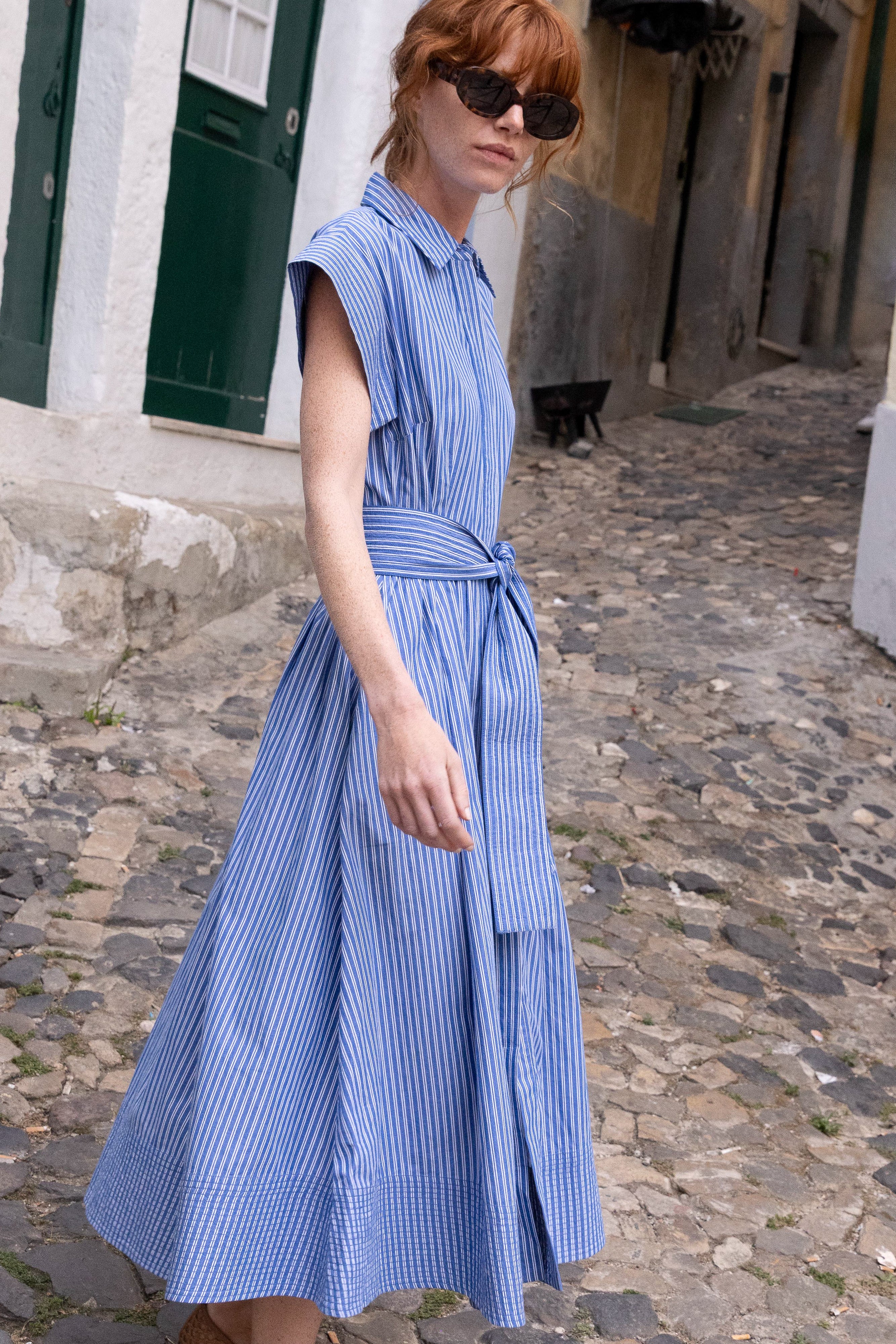 Belted Shirt Dress- Devon Blue