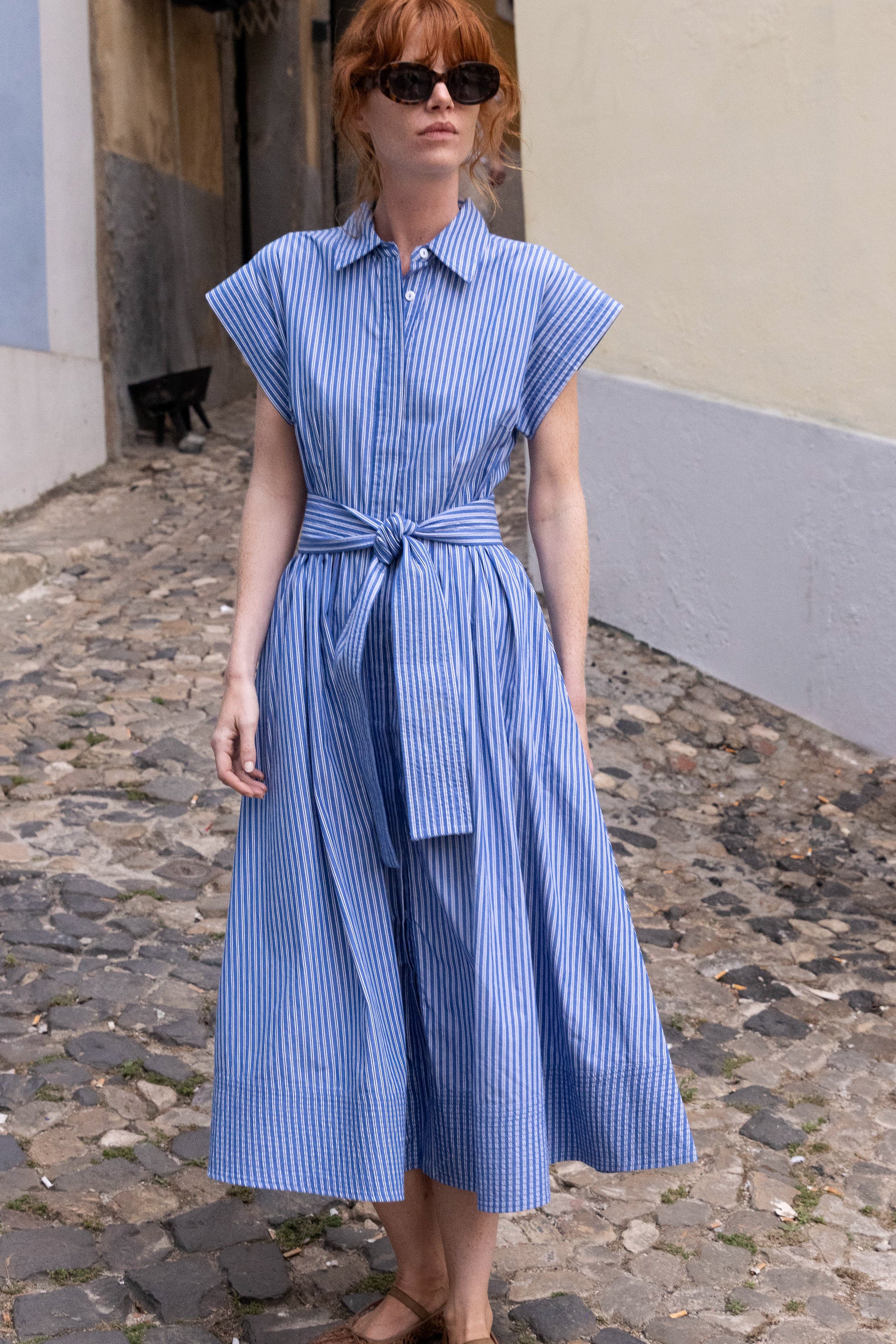 Belted Shirt Dress- Devon Blue