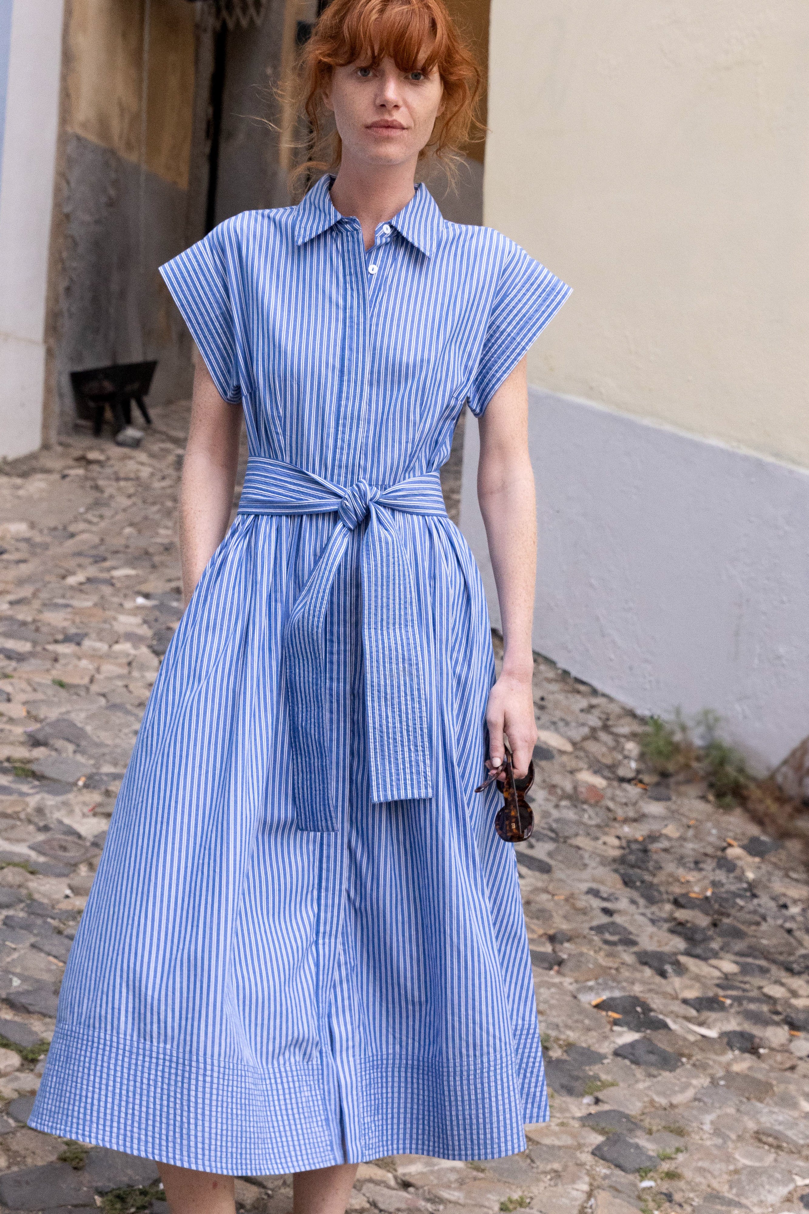 Belted Shirt Dress- Devon Blue