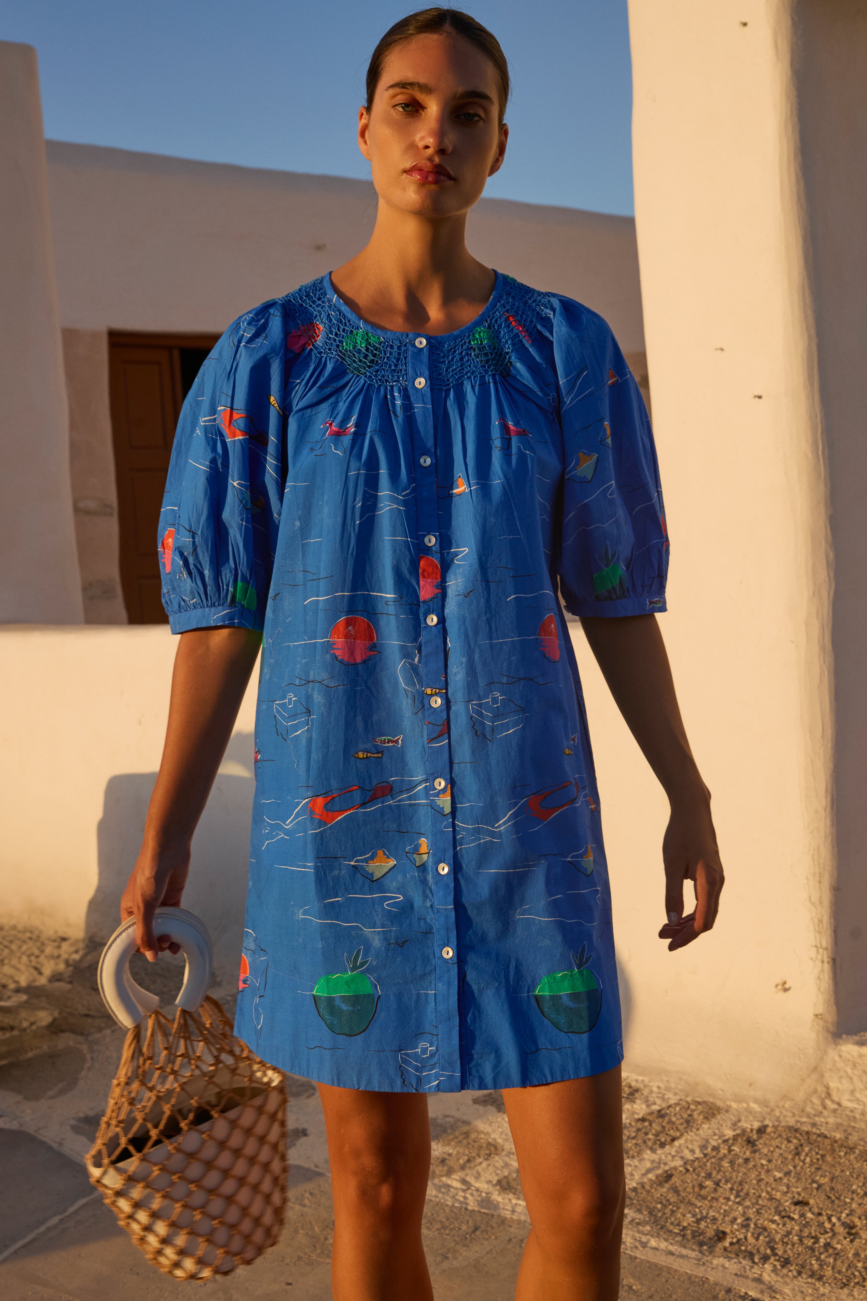 Embroidered Button Mini- Dip Blue