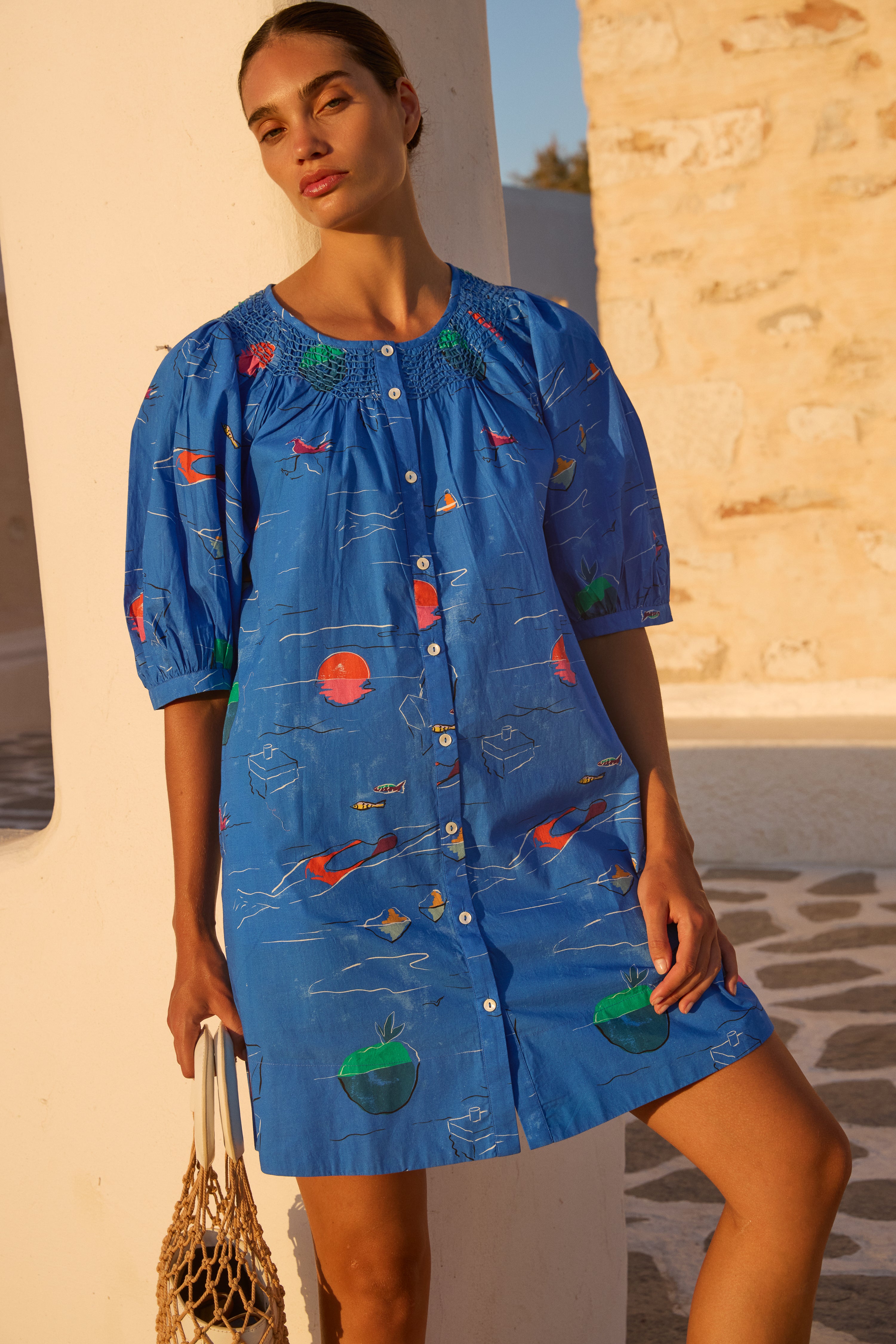 Embroidered Button Mini- Dip Blue