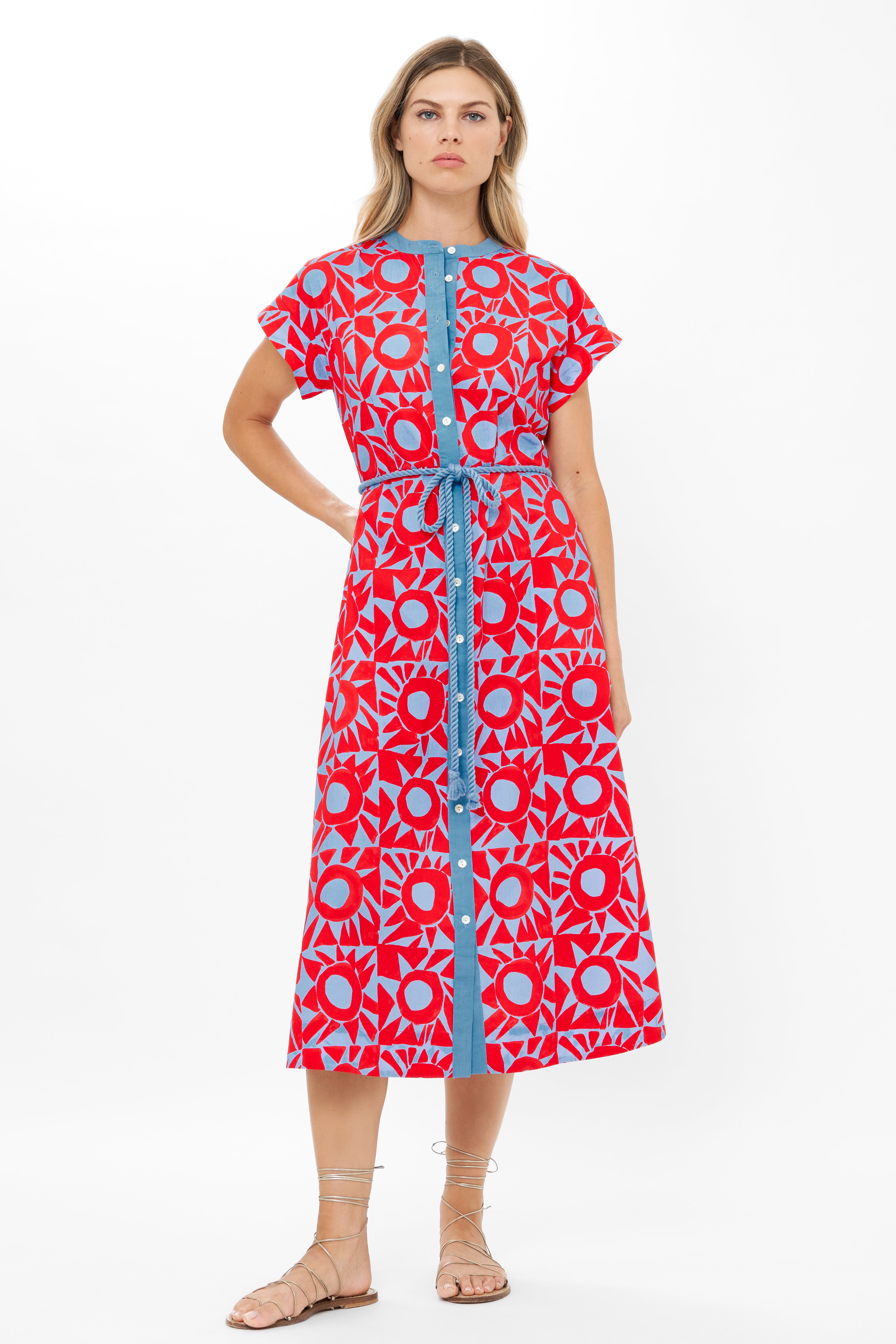 Cap Sleeve Shirt Dress Midi- Eclipse Red