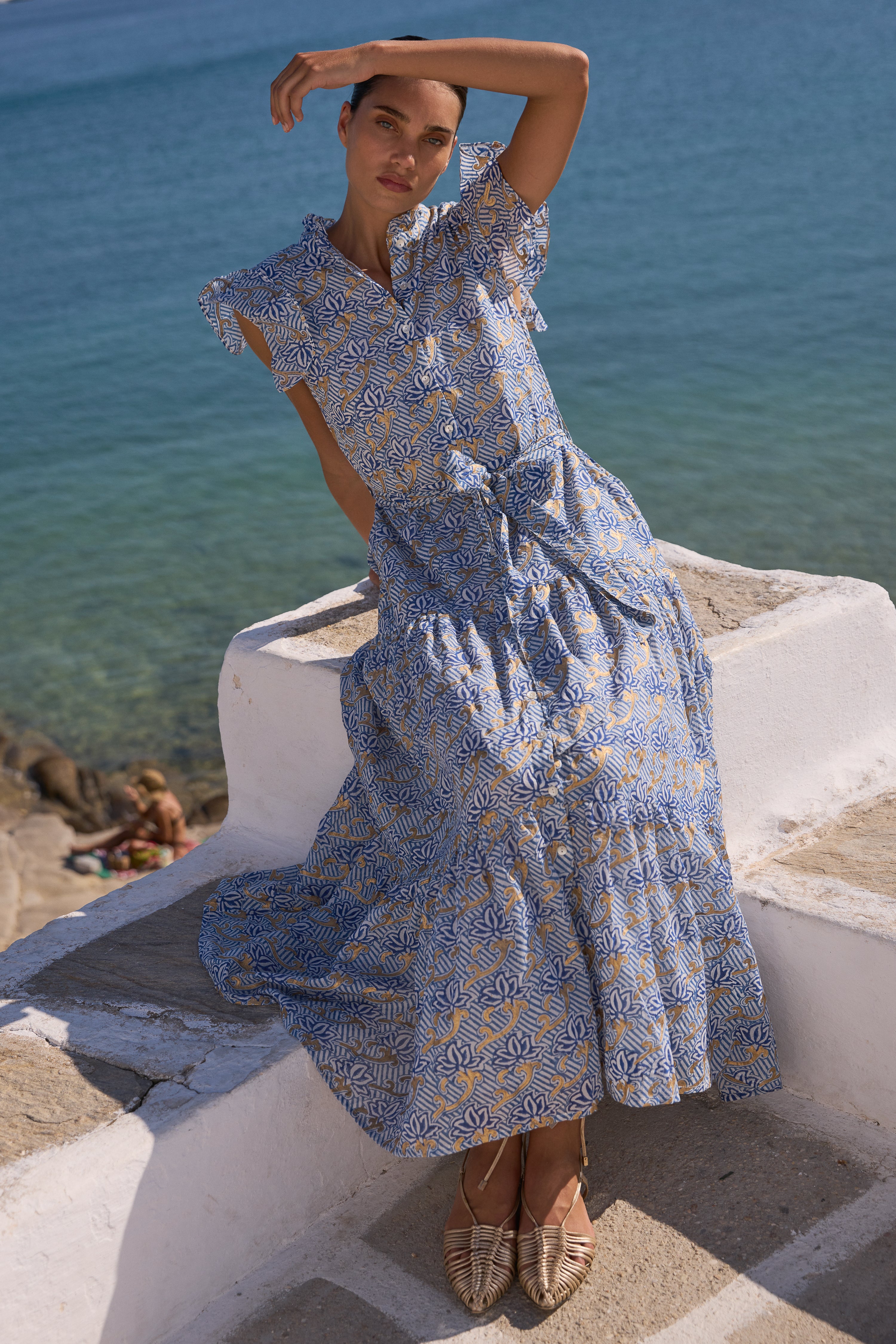 Ruffle Collar Button Maxi- Florence Blue