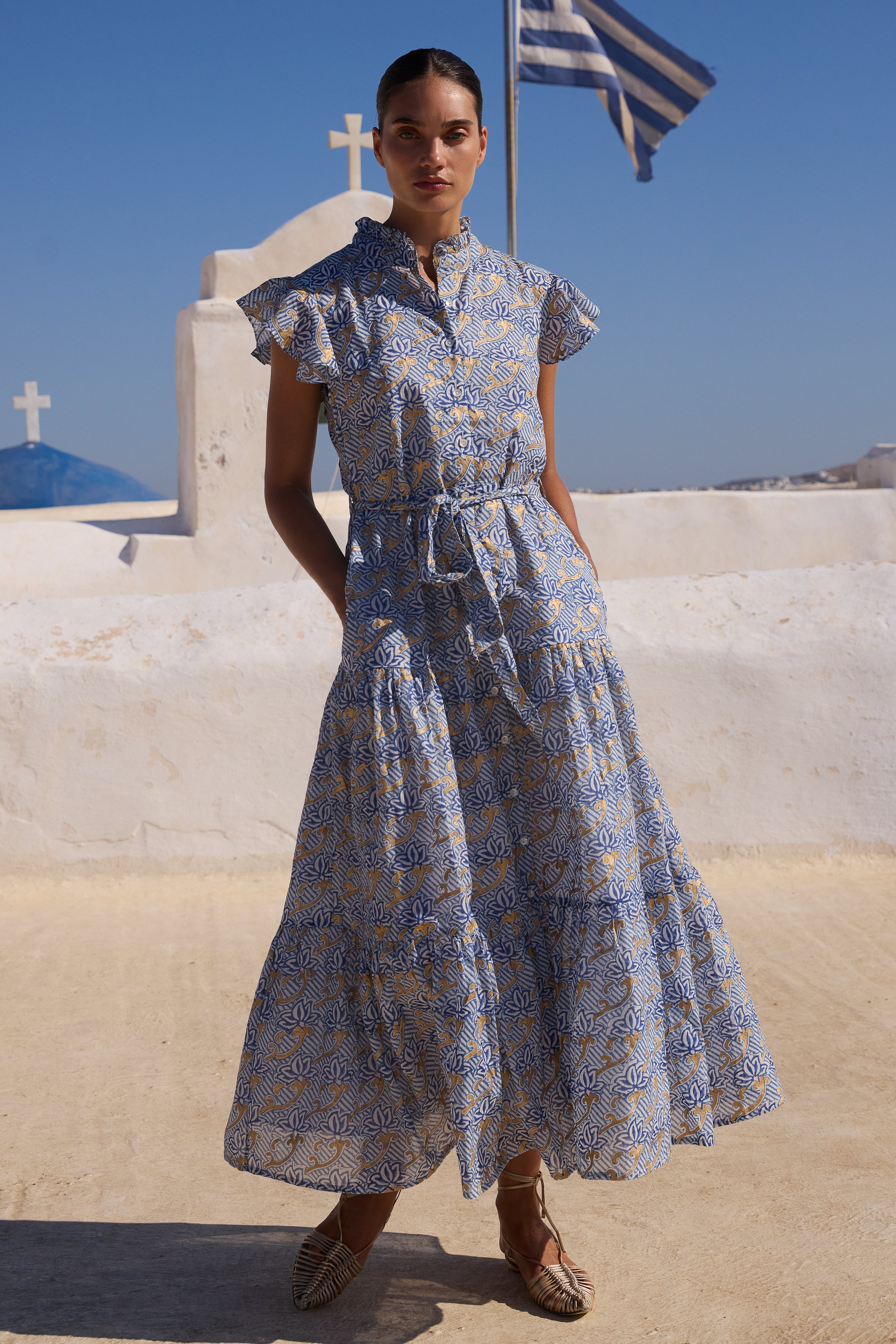 Ruffle Collar Button Maxi- Florence Blue