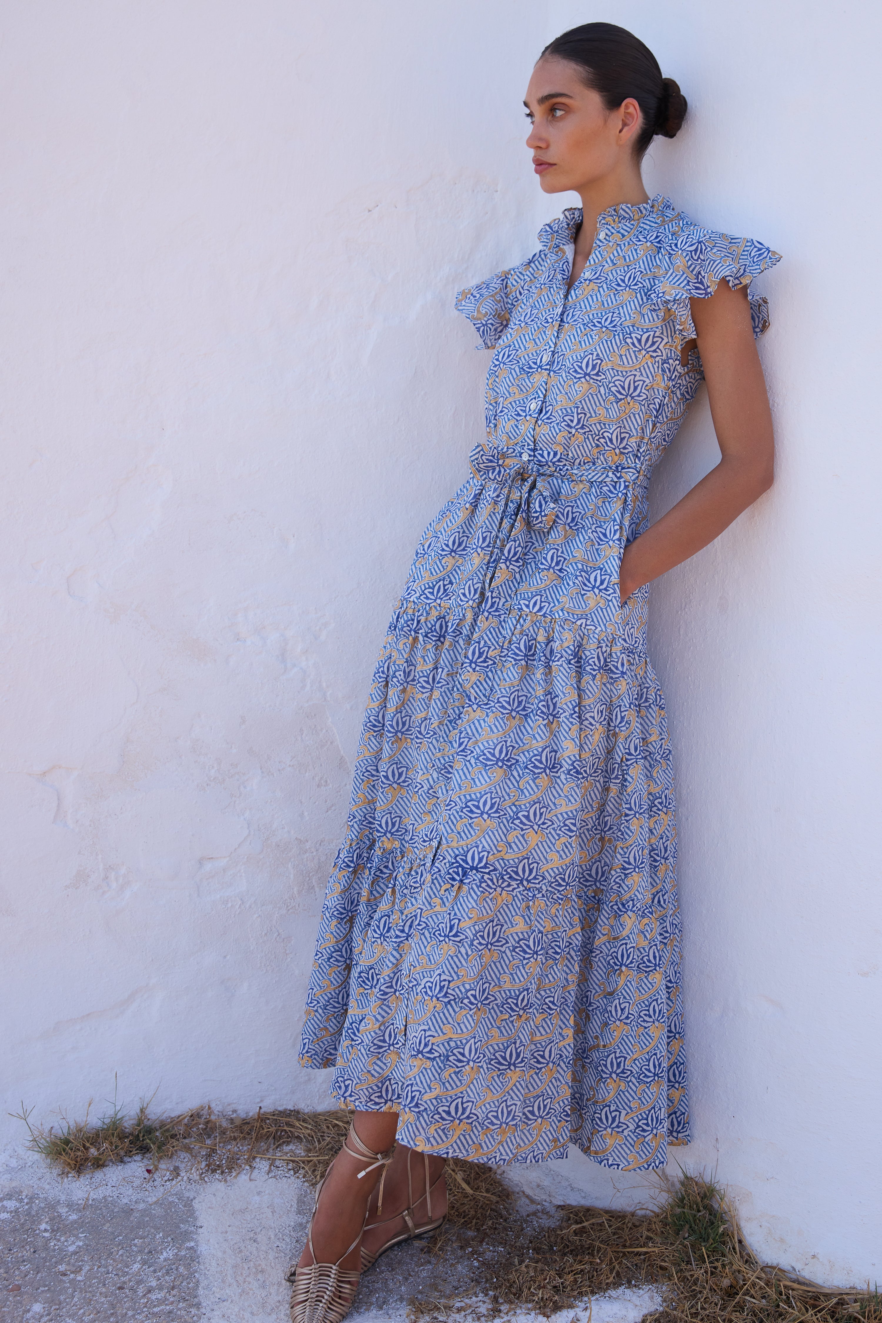 Ruffle Collar Button Maxi- Florence Blue