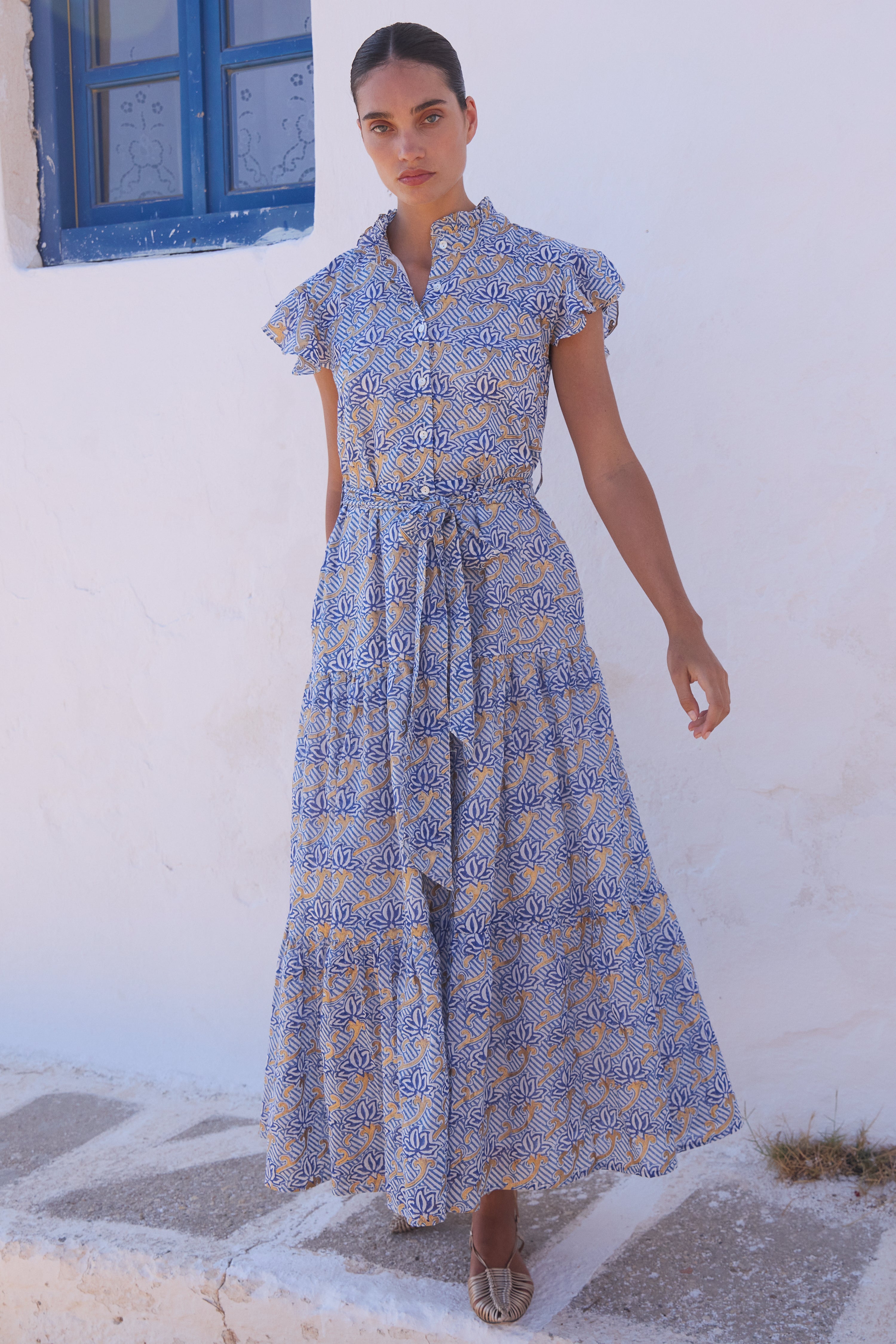 Ruffle Collar Button Maxi- Florence Blue