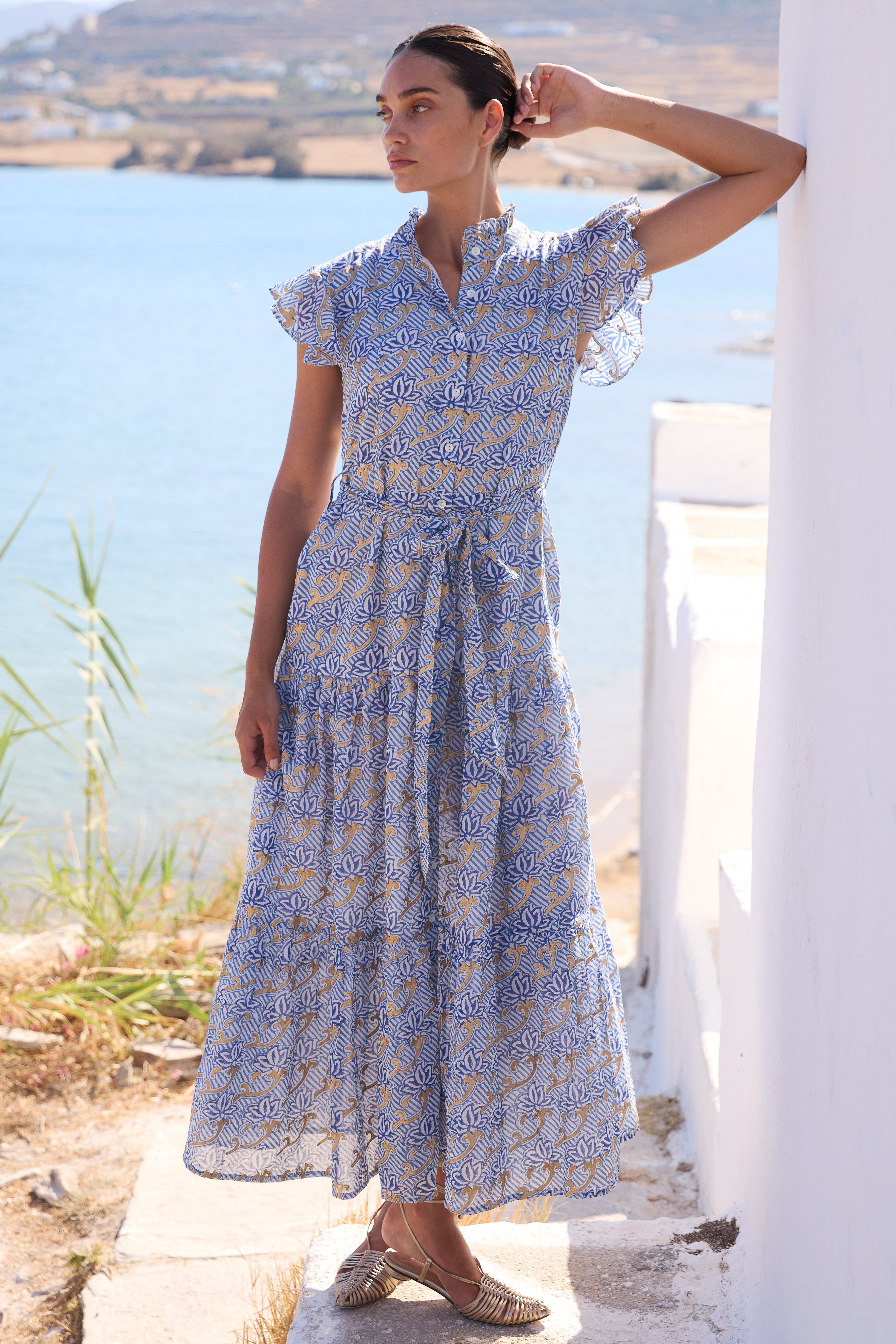 Ruffle Collar Button Maxi- Florence Blue