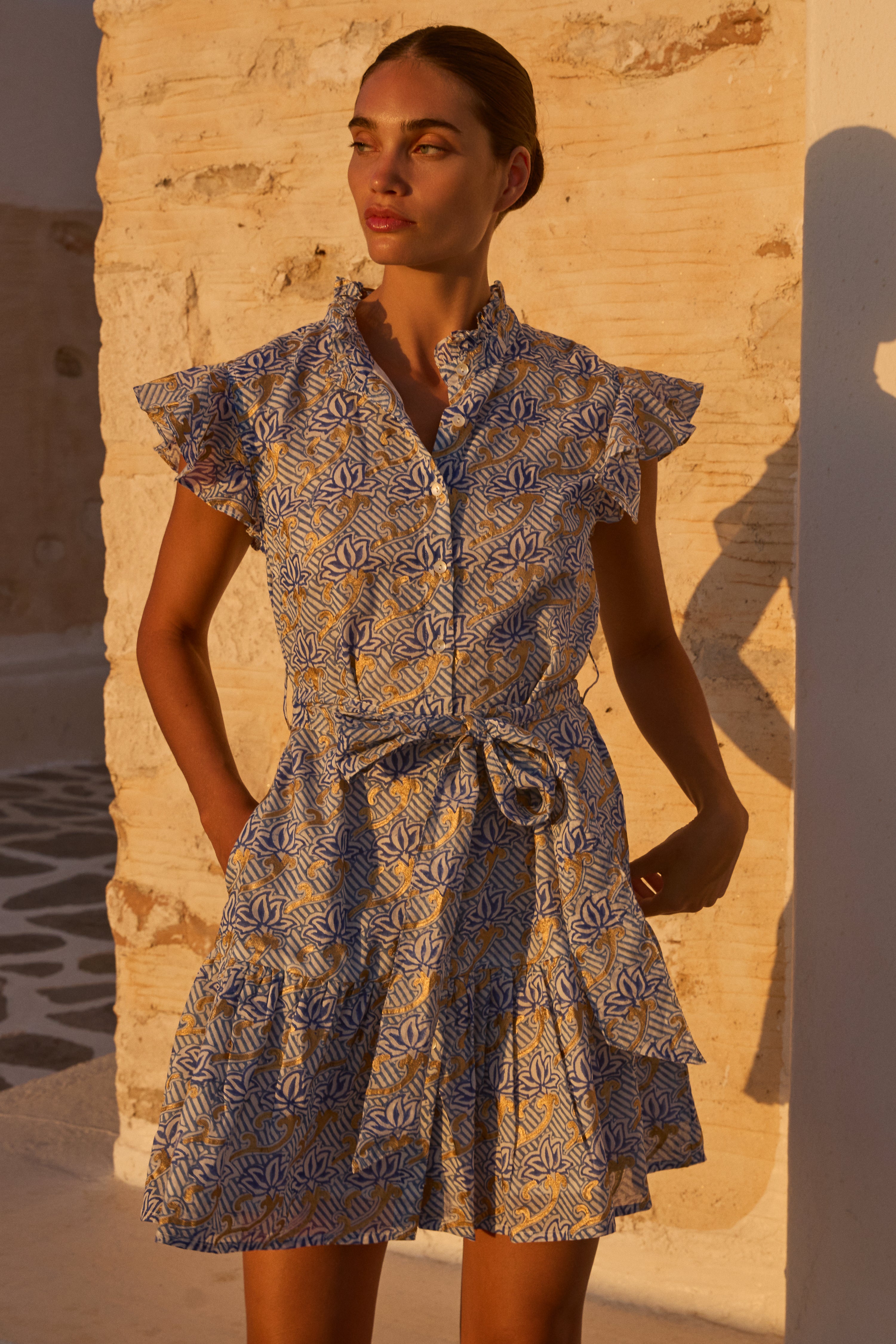 Ruffle Collar Button Mini- Florence Blue