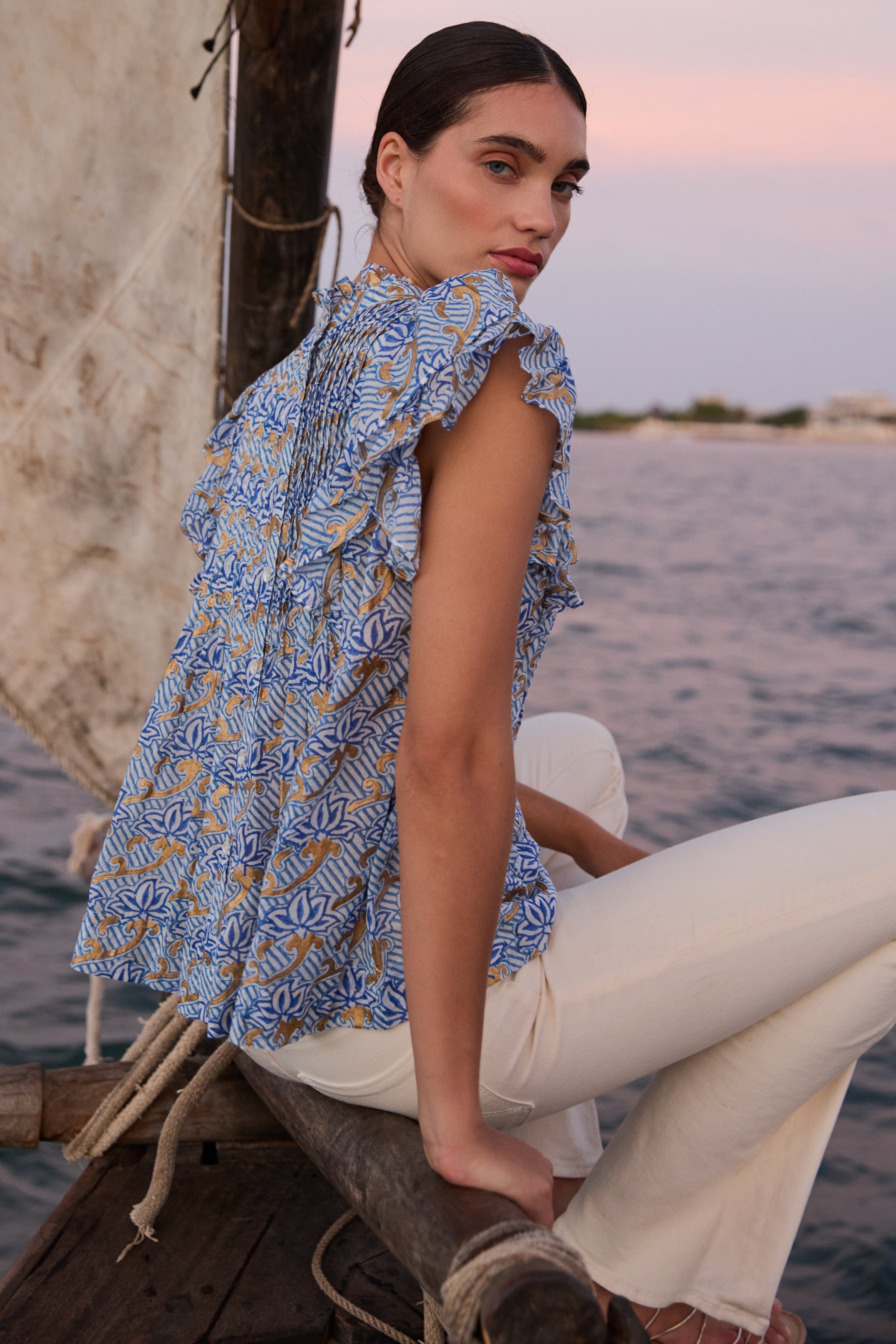 Pintuck Ruffle Top- Florence Blue