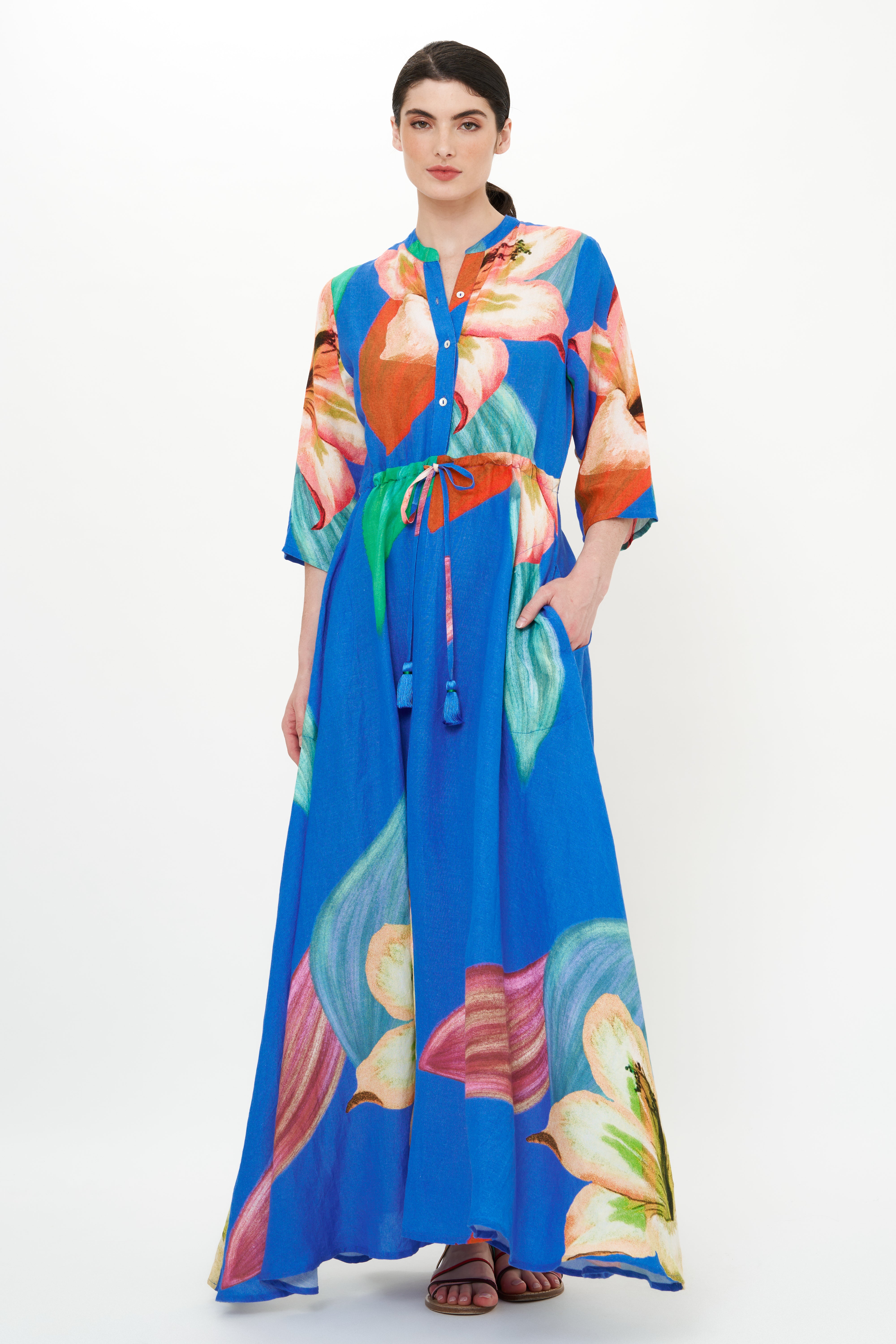 Cinched Shirt Dress Maxi- Hibiscus Blue