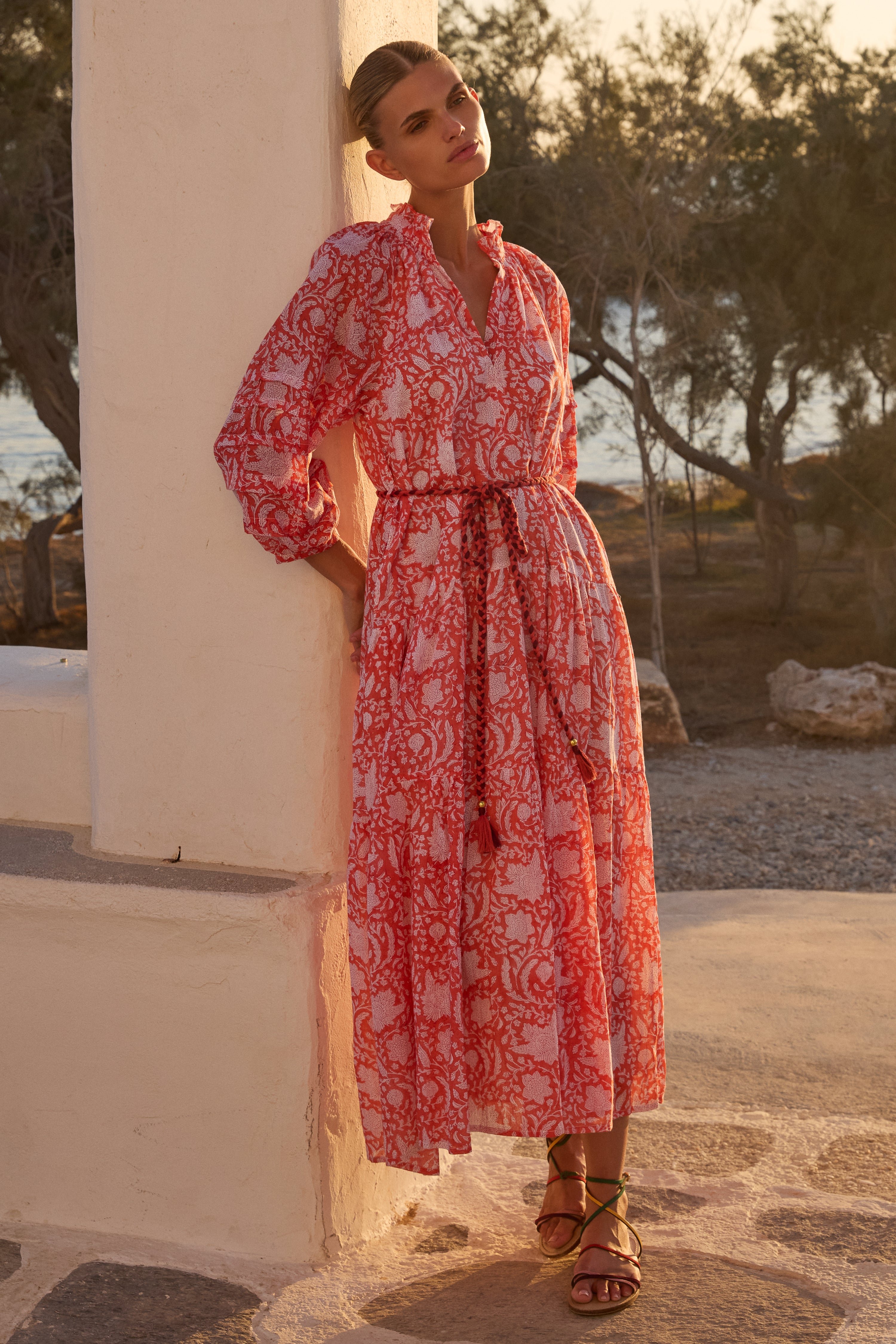 Cuff Sleeve Tie Waist Maxi- Ivy Orange