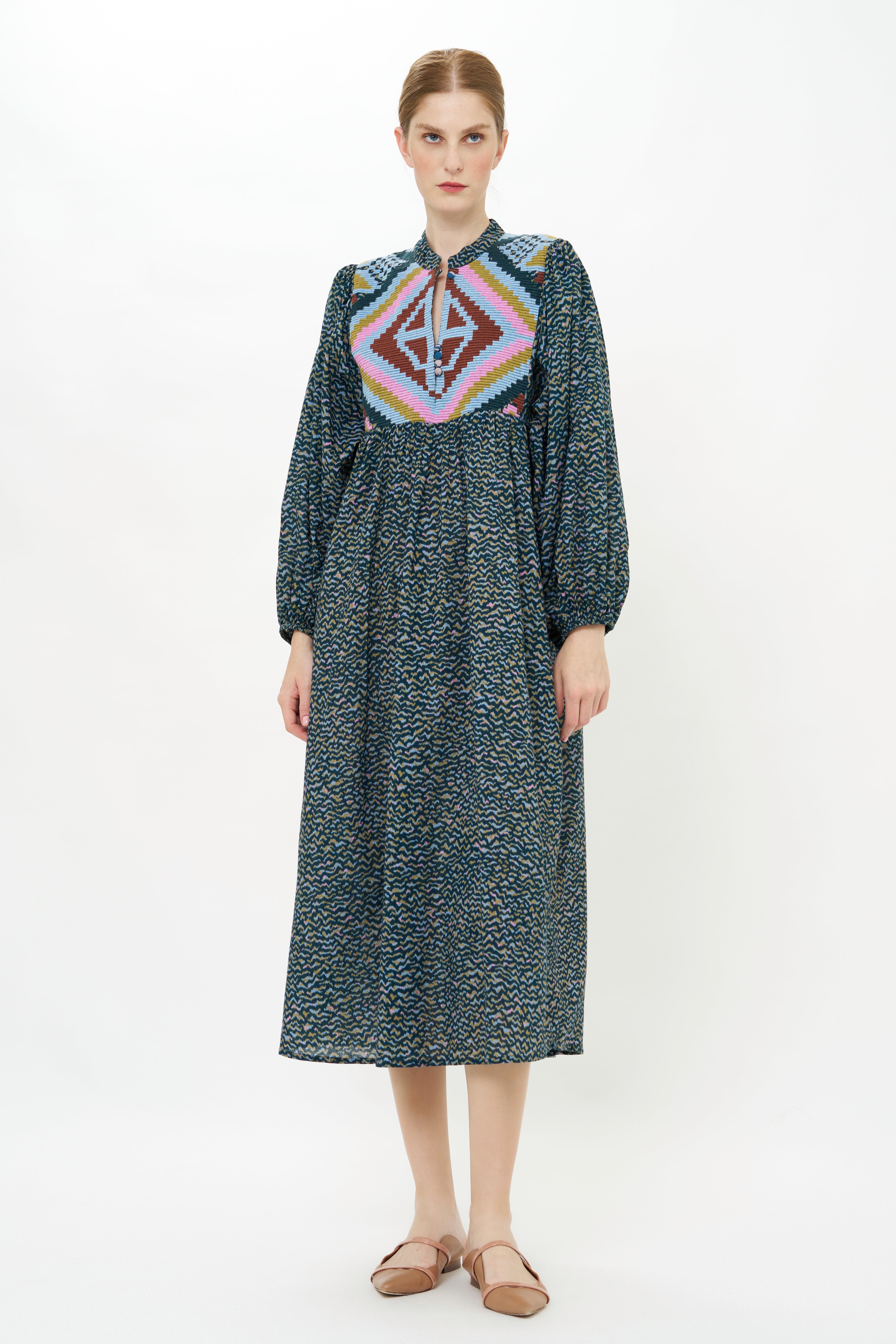 Mandarin Balloon Sleeve Midi- Jag Navy