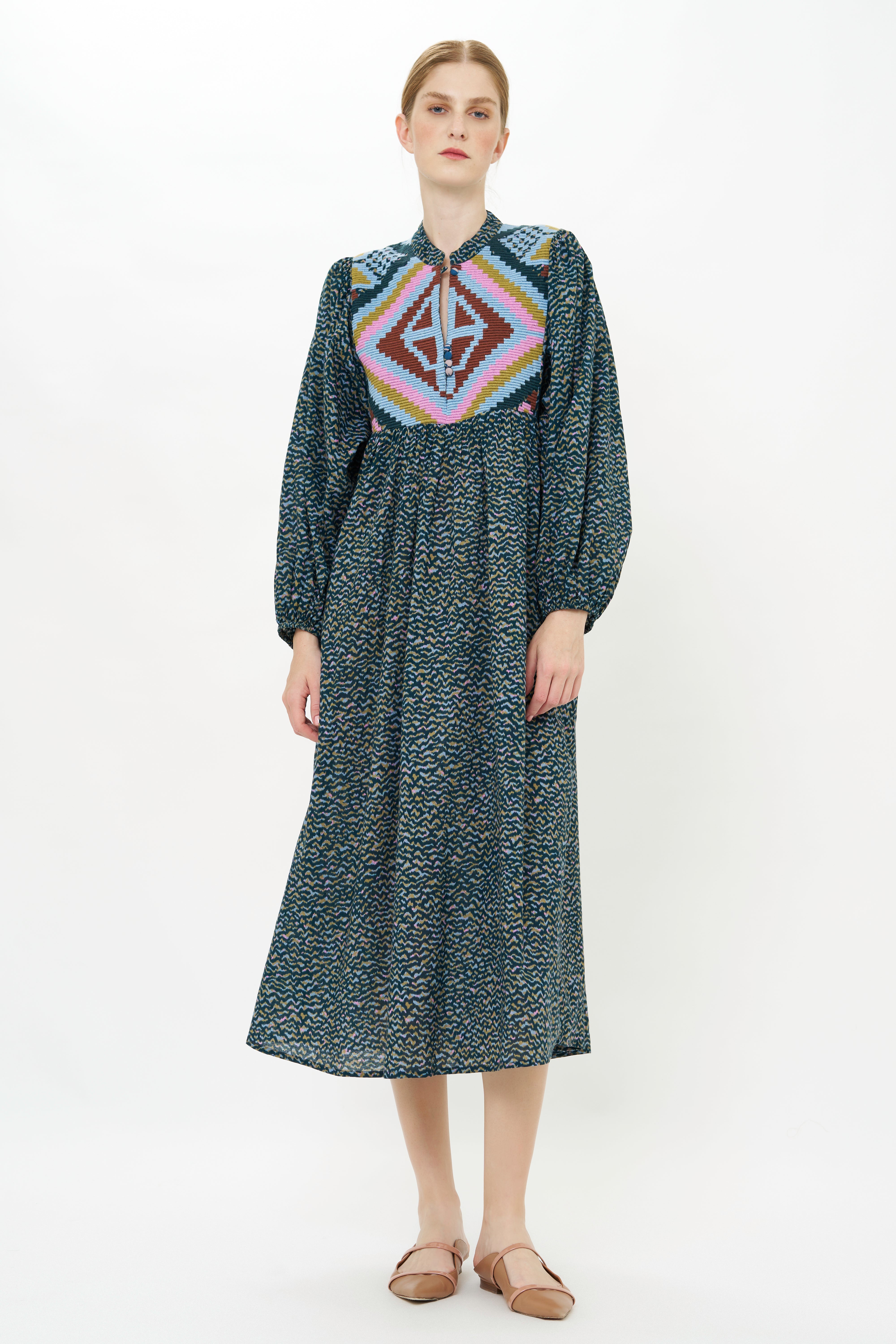 Mandarin Balloon Sleeve Midi- Jag Navy
