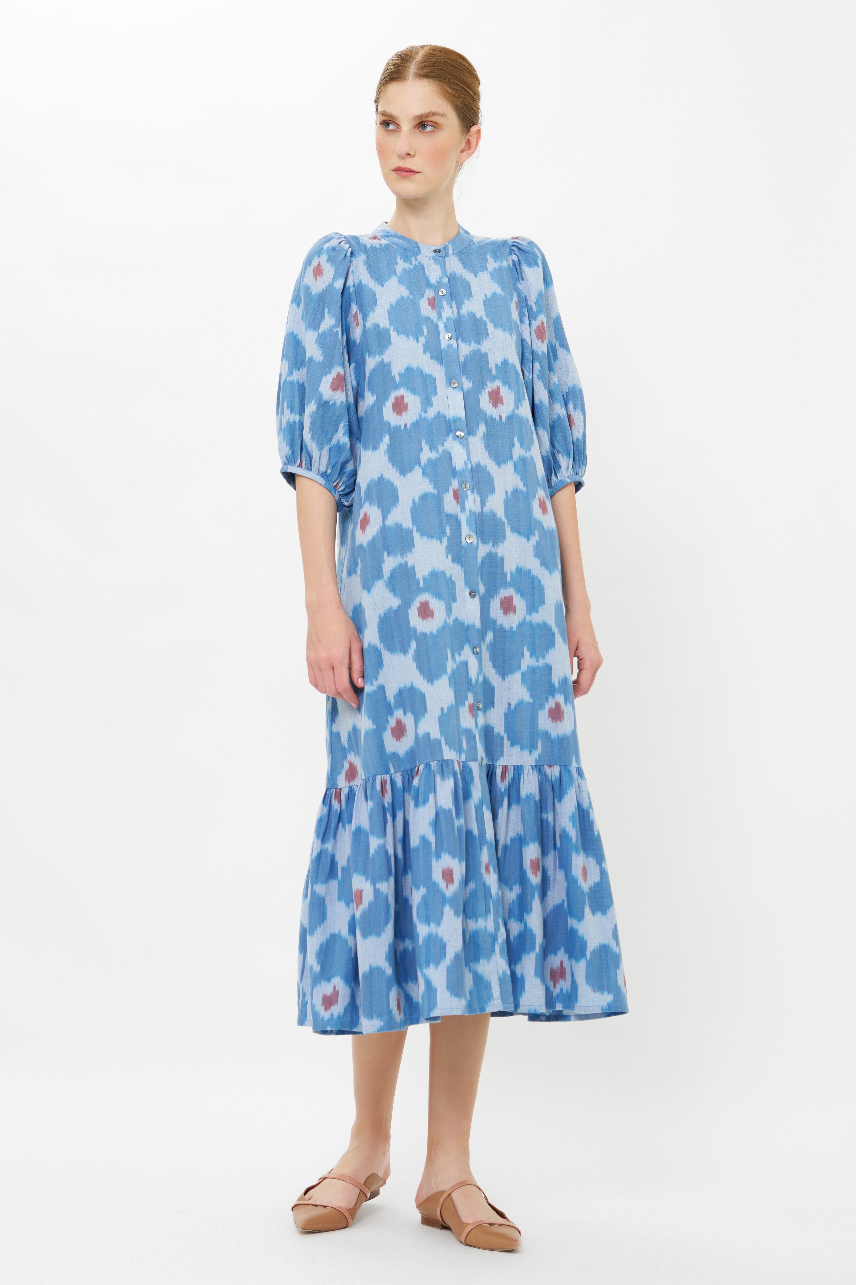 Button Puff Midi- Jinja Blue