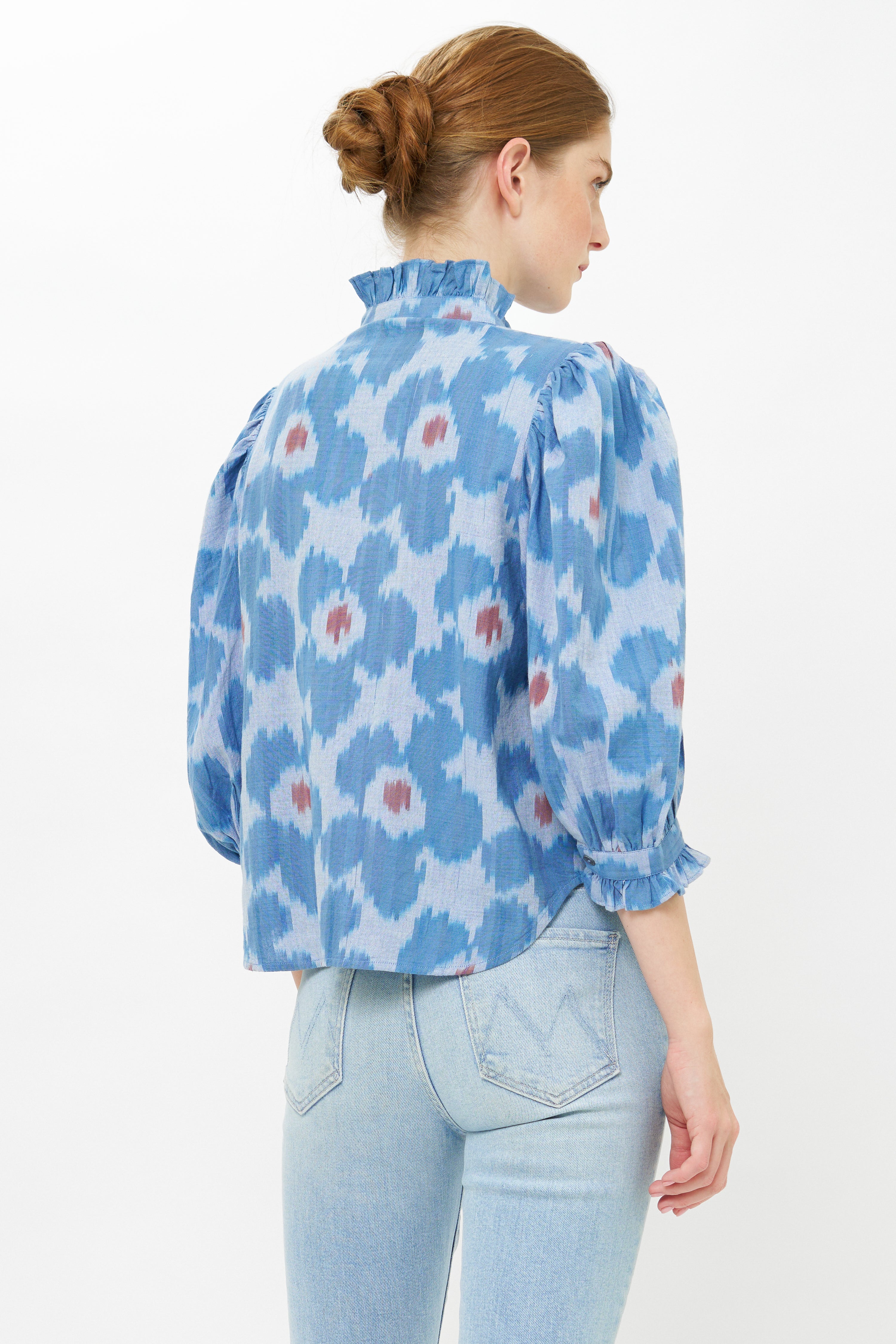 Ruffle Front Button Blouse- Jinja Blue