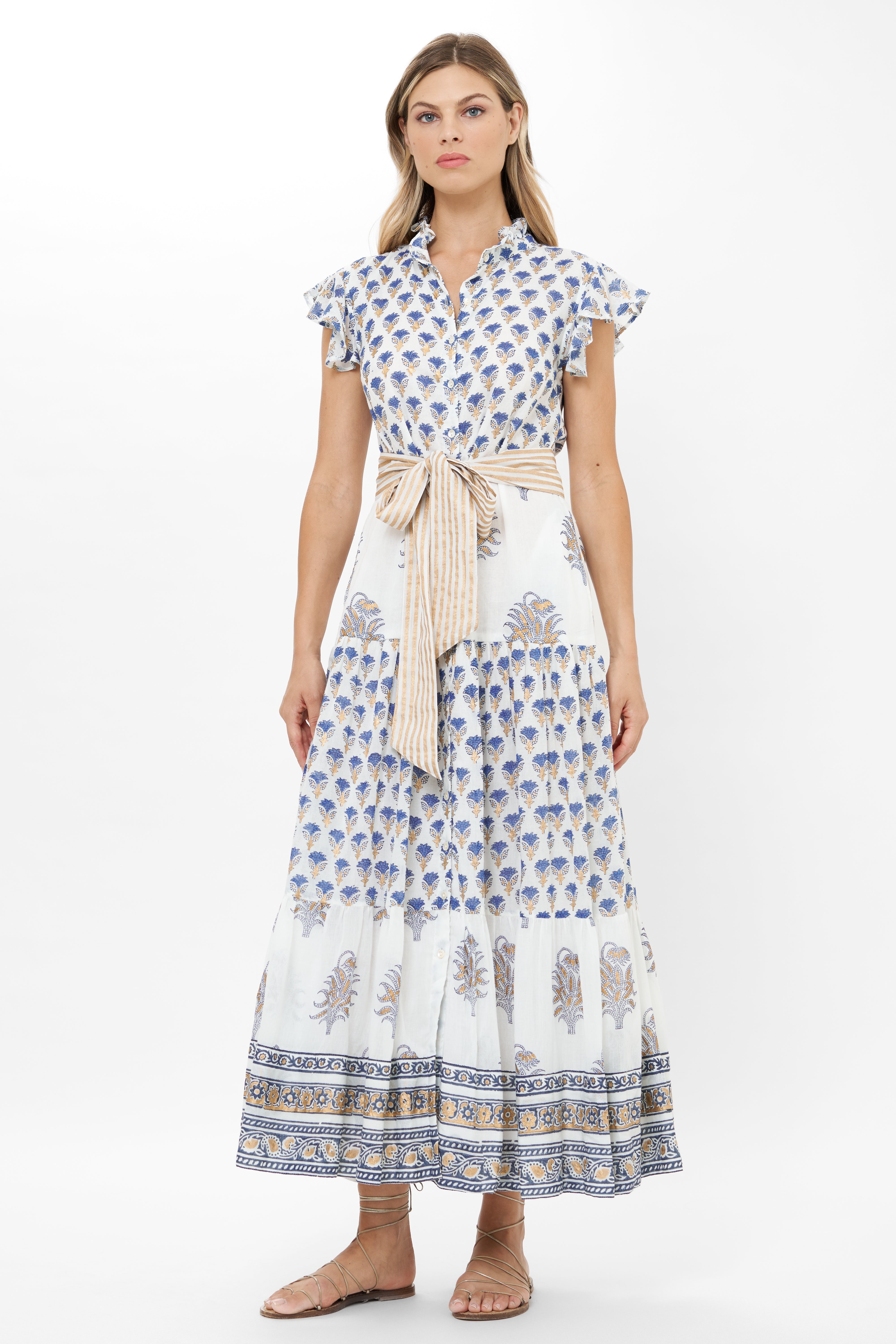 Ruffle Collar Button Maxi- Lotus Navy