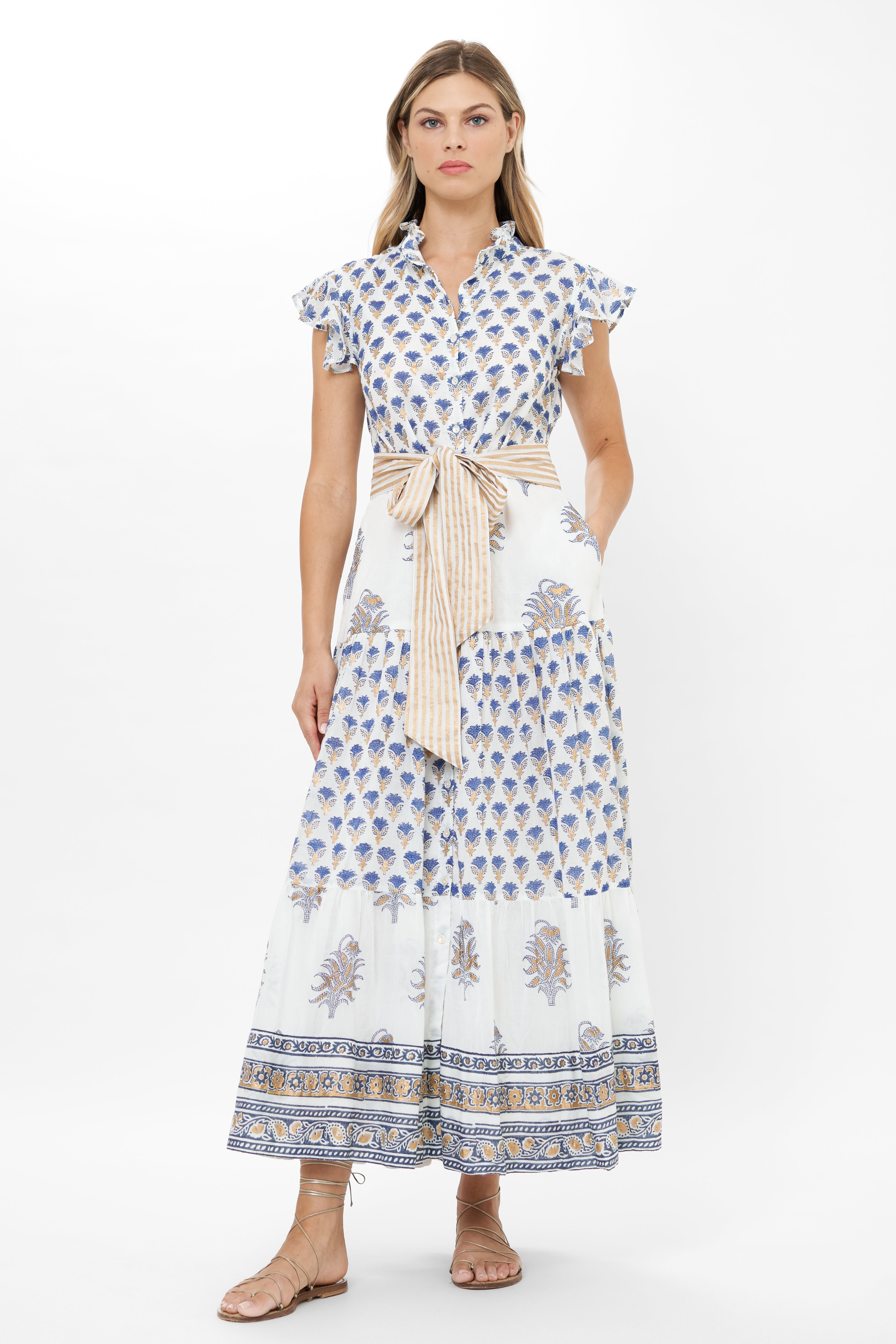 Ruffle Collar Button Maxi- Lotus Navy