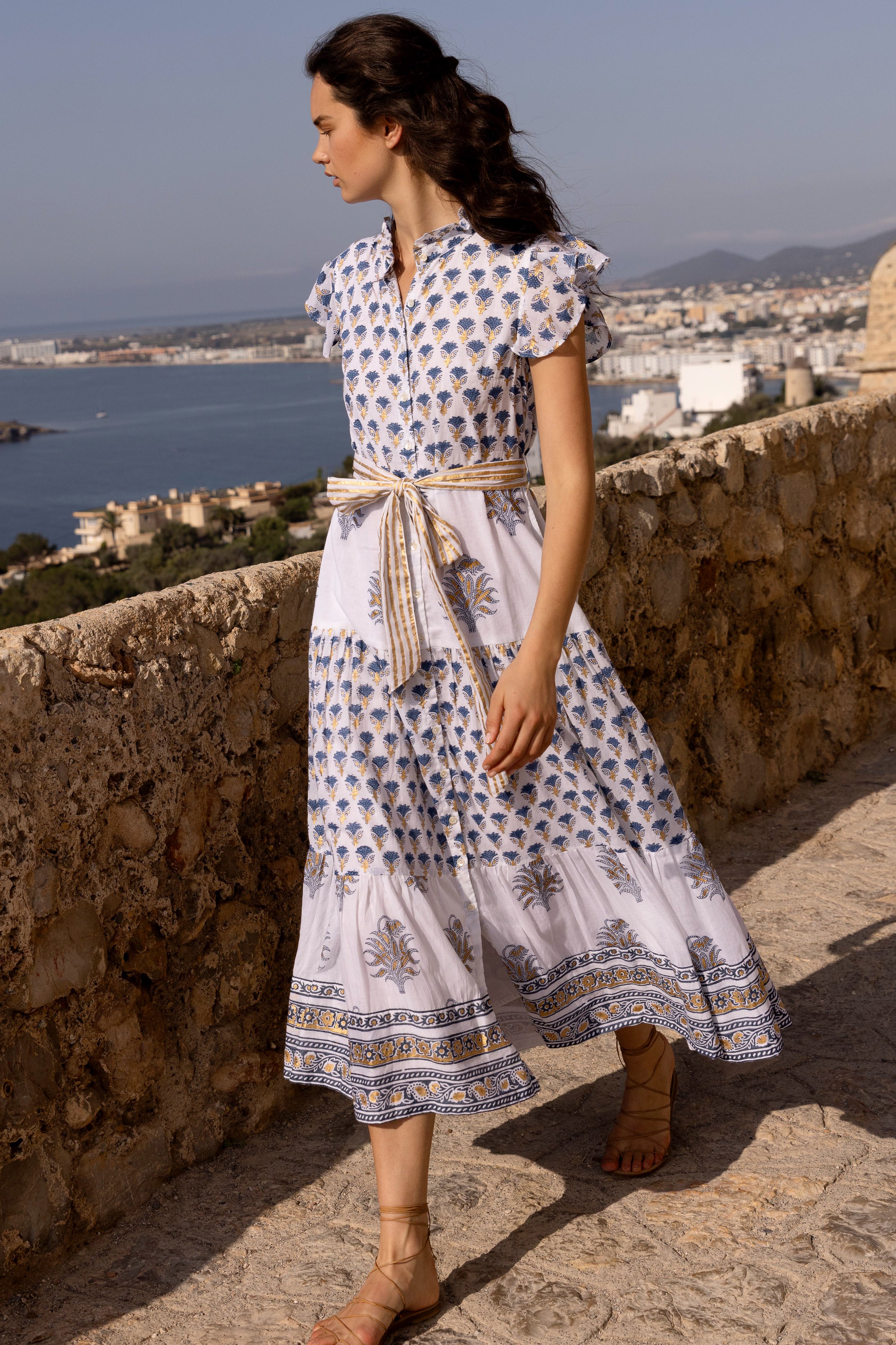 Ruffle Collar Button Maxi- Lotus Navy