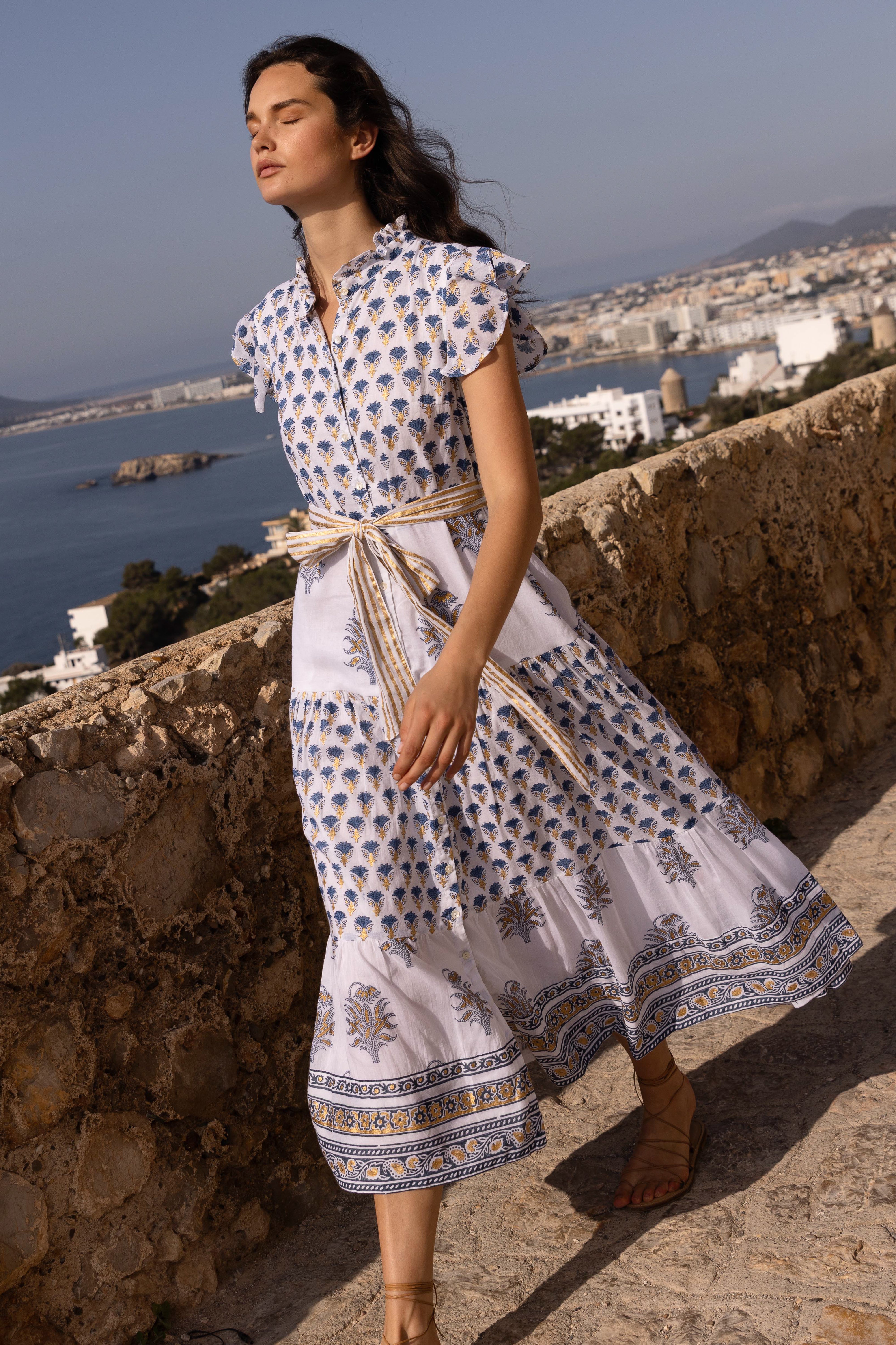 Ruffle Collar Button Maxi- Lotus Navy