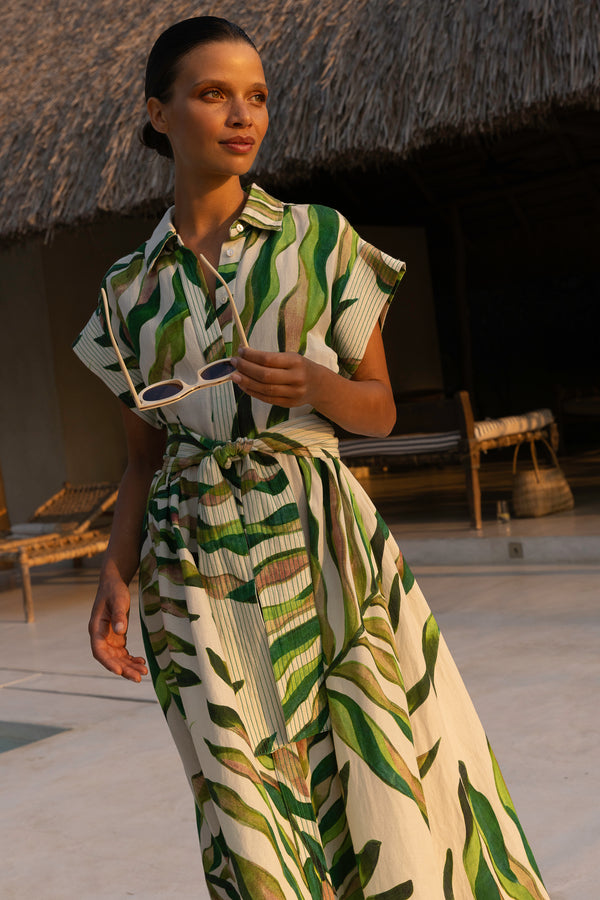 Belted Shirt Dress Midi- Maldive Green